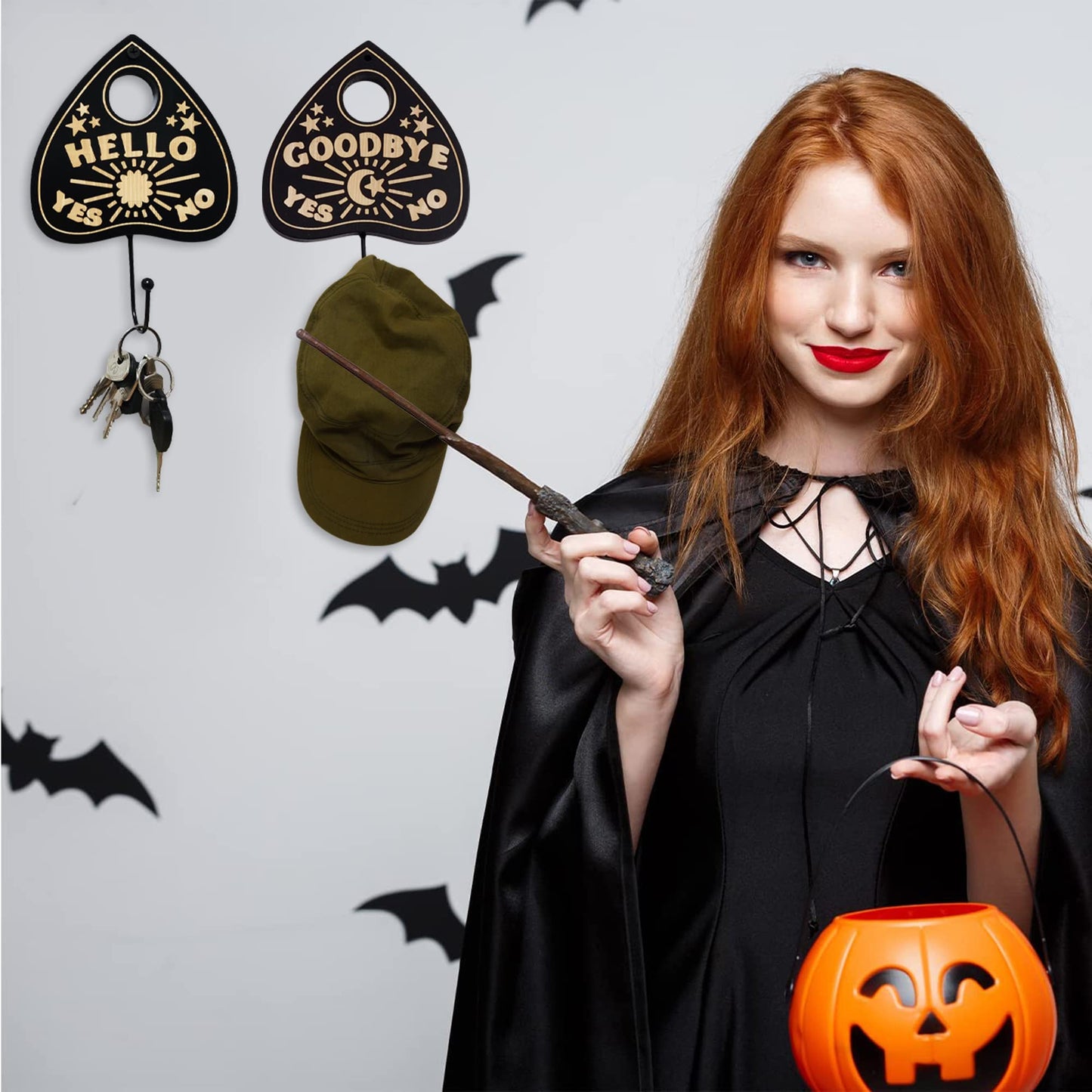 Ella & Emma Wall Mounted Coffin-Shaped Key Holder - Planchette/Hamsa Hand Key Holder, Gothic Home Decor Wall Hanger with Hook -Spooky Halloween Decor for Home - 2 Pieces (Planchette)