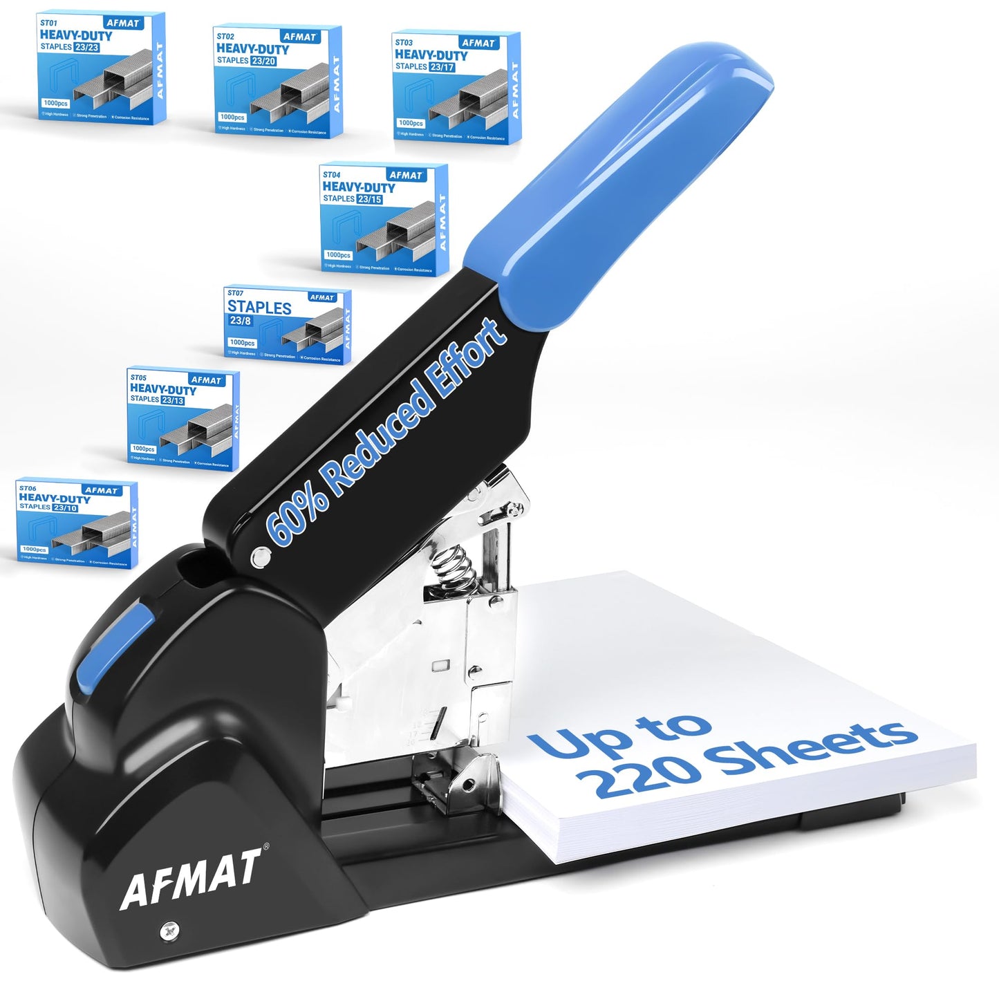 AFMAT Heavy Duty Stapler, 220 Sheets Capacity Stapler for Classroom, 60% Reduced Effort, Jam Free, Adjustable Paper Depth, Metal Desk Office Staplers w/ 50,000+ Uses, Includes 7000Pcs Staples, ES15