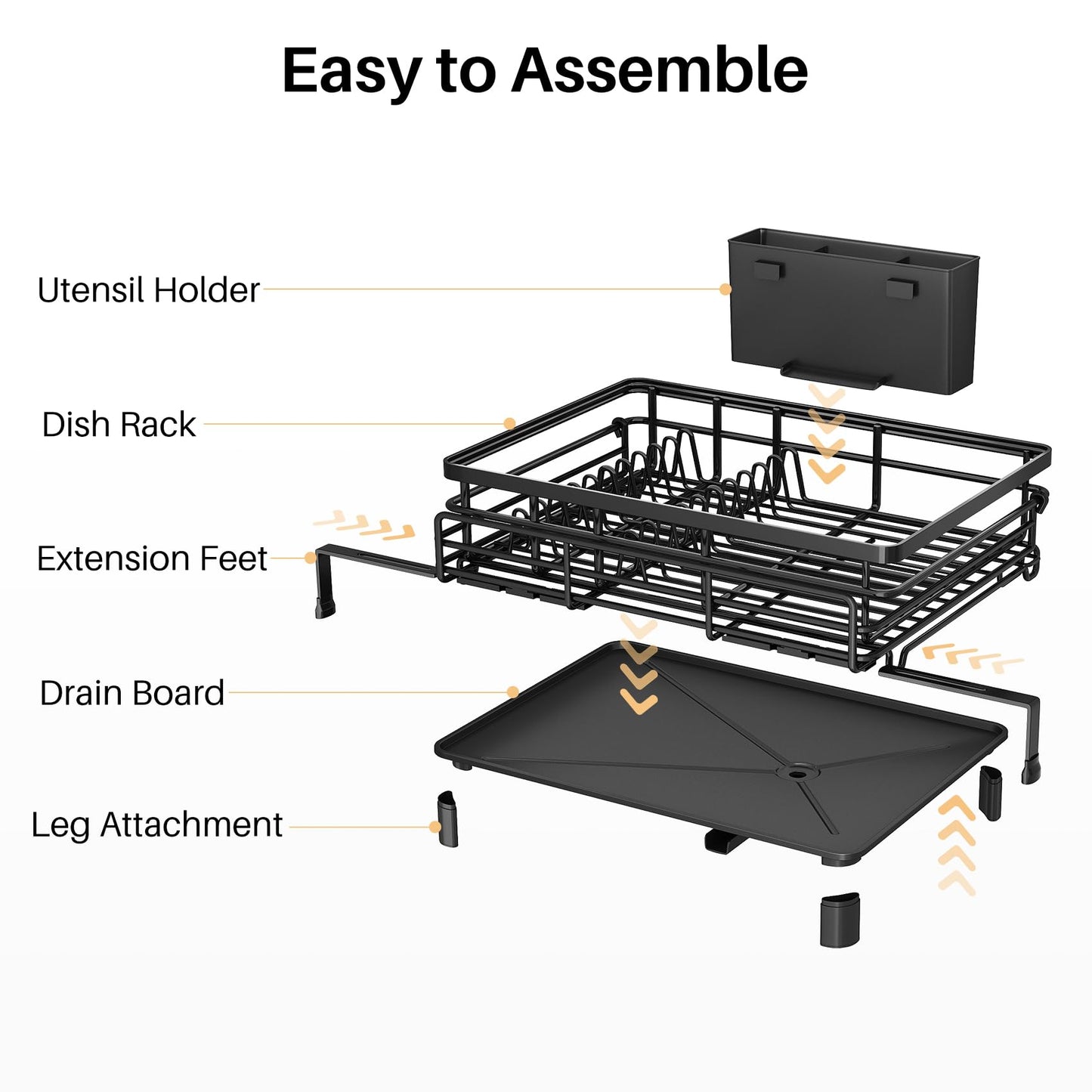 SNTD Dish Drying Rack - Extendable Dish Rack, Large Sink Drying Dish Drainer for Kitchen Counter, Stainless Steel Dish Strainer with Utensil Holder (Black)