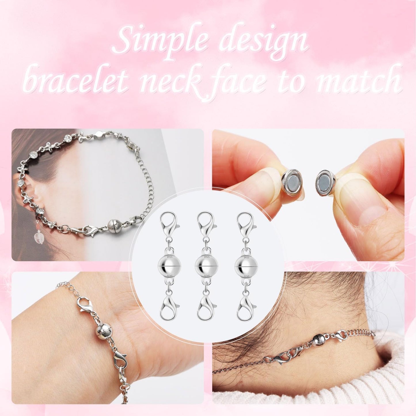 Magnetic Necklace Clasps, 18K Gold and Silver, Crystal Rhinestone Ball Connector with Lobster Clasp, Jewelry Extender for Necklaces, Bracelets (3pcs Silvery)