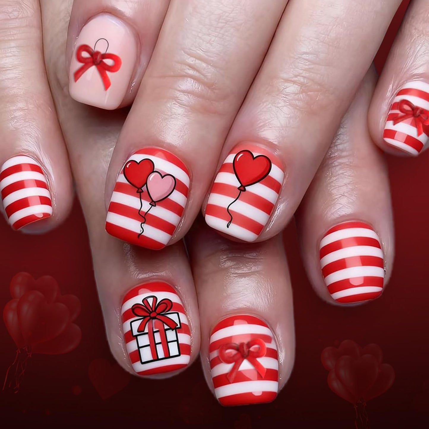 CJDLTS Valentines Press on Nails Short Square Artificial Acrylic Fake Nails Red Pink Love Balloon with Red Bow Full Cover Glossy Heart Stick on Nail Artificial Fingernails for Women Festival Manicure