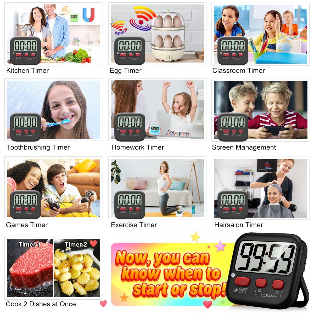 Antonki 2 Pack Digital Timer for Kids, Magnetic Countdown Kitchen Timers for Cooking, Egg, Classroom, Teacher, Exercise, Study, Oven - Battery Included