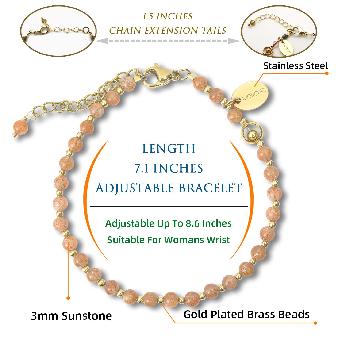 Morchic 3mm Orange Sunstone Feldspar Natural Gemstone Beaded Bracelet for Women, Dainty Charm Jewelry, Adjustable 7.1-8.6" Ideal Birthday Holiday Gift