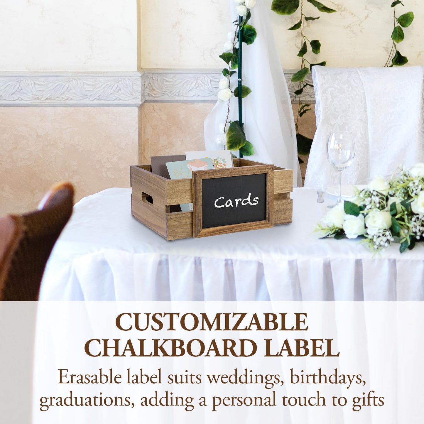 MyGift Premium Acacia Wood Tabletop Decorative Storage Crate, Guest Gift Card Box with Chalkboard Label for Wedding Birthday Graduation Party