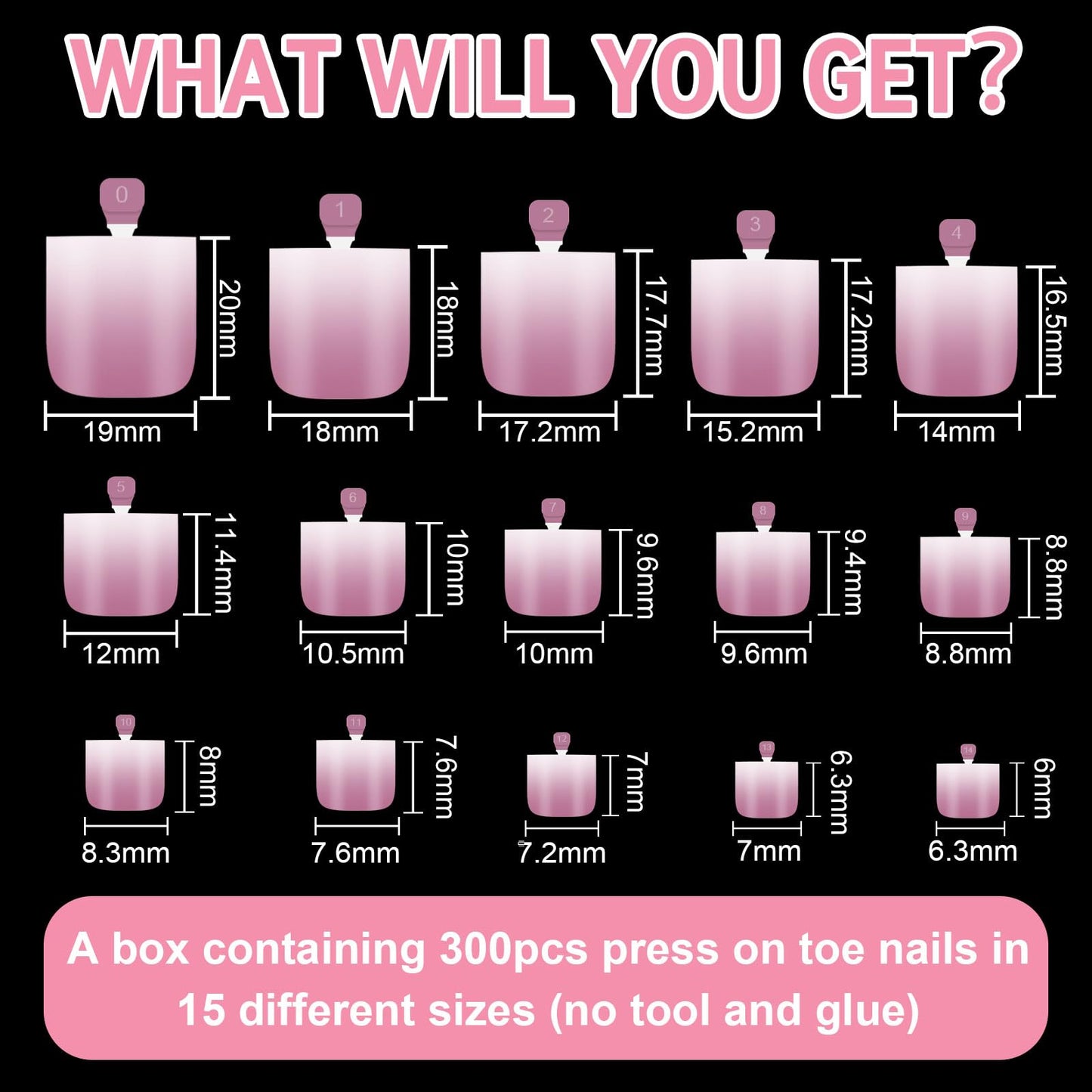 EBANKU French Tips Toe Press On Nails, 300 Pcs Sharp Square Pre-applied Primer & Base Coat Toe Nail Press Ons Light Ombre Pink Full Cover Fake Tips Extension, 15 Sizes