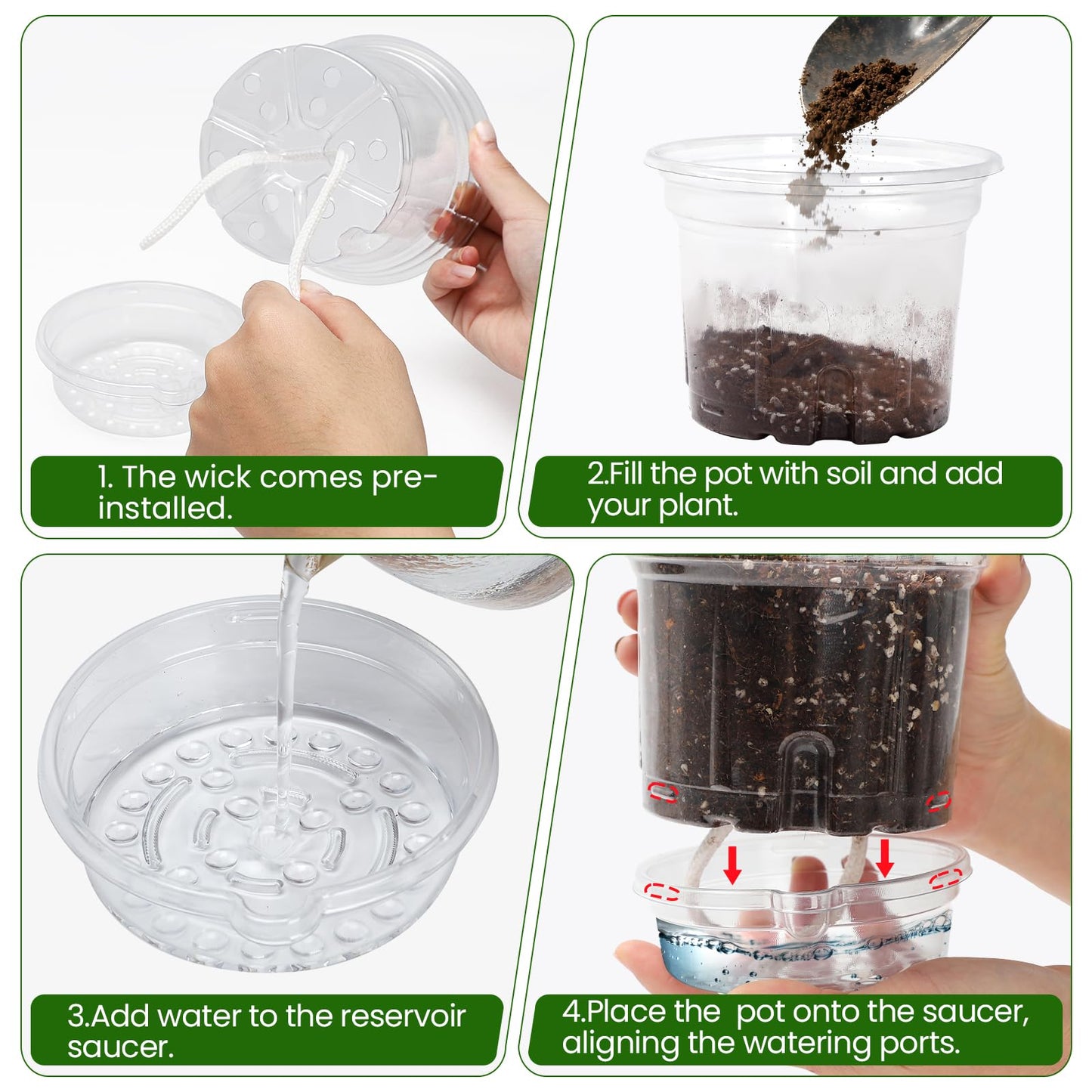 MIXC 18 Packs 6.5/5/4 Inch Self Watering Pots for Indoor Plants - Clear Nursery Plant Pots with Drainage, Deep Visible Reservoir - Flower Planter Outdoor with Wicking Rope