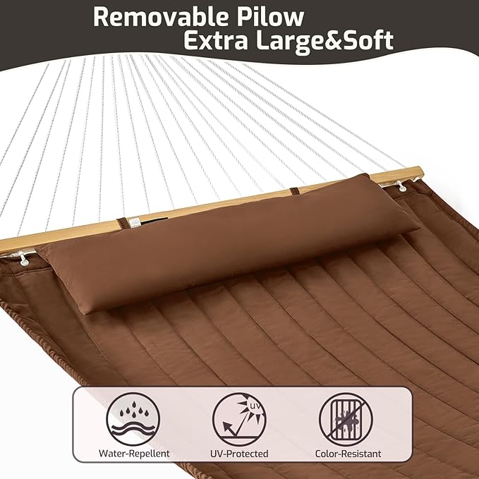 Double Quilted Fabric Hammock with Hardwood Spreader Bars and Pillow 450 LBS Capacity 2 Person Large Hammock for Outdoor Patio Backyard Poolside - Brown