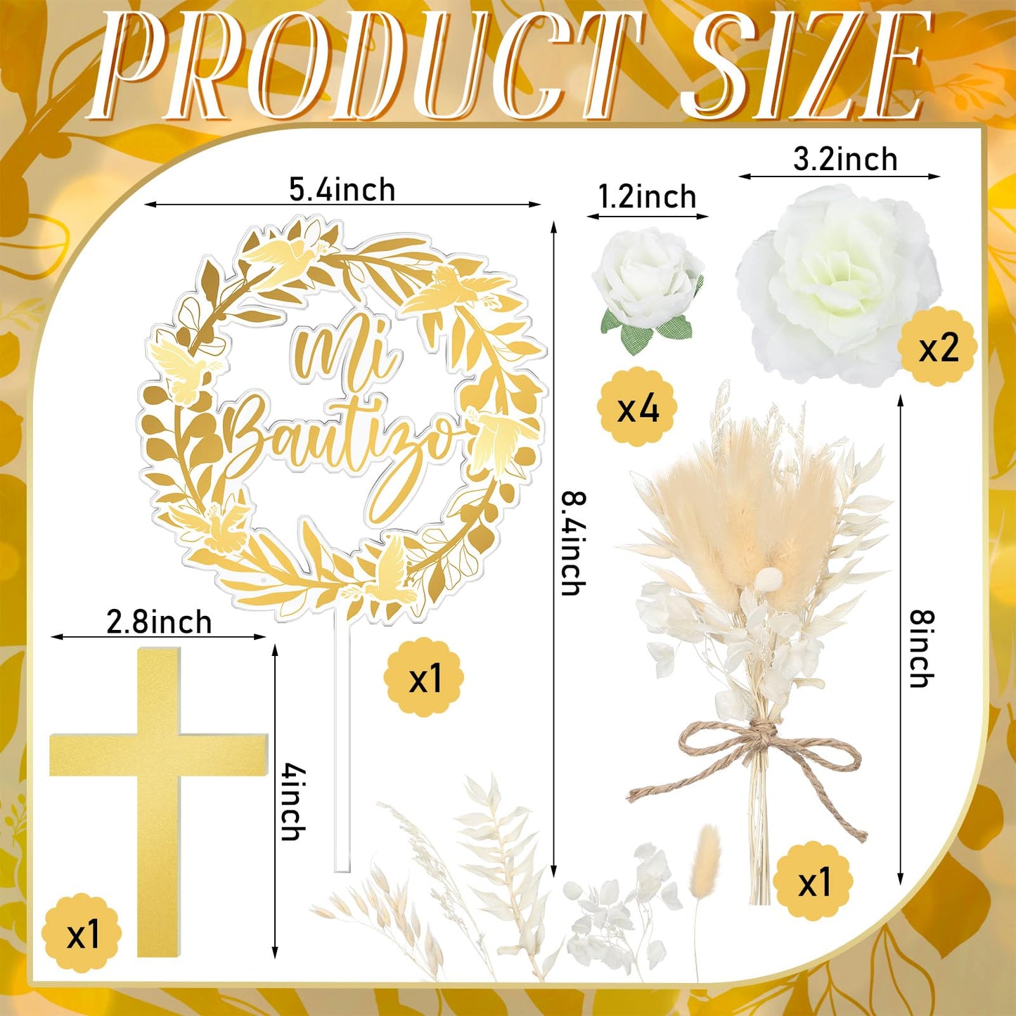 9 Pcs Mi Bautizo Cake Topper Gold Cross and Dried Flower Decor Set First Holy Communion Baptism Cake Pick Religious God Bless Baptism Cake Decoration for Celebration Milestones Decor