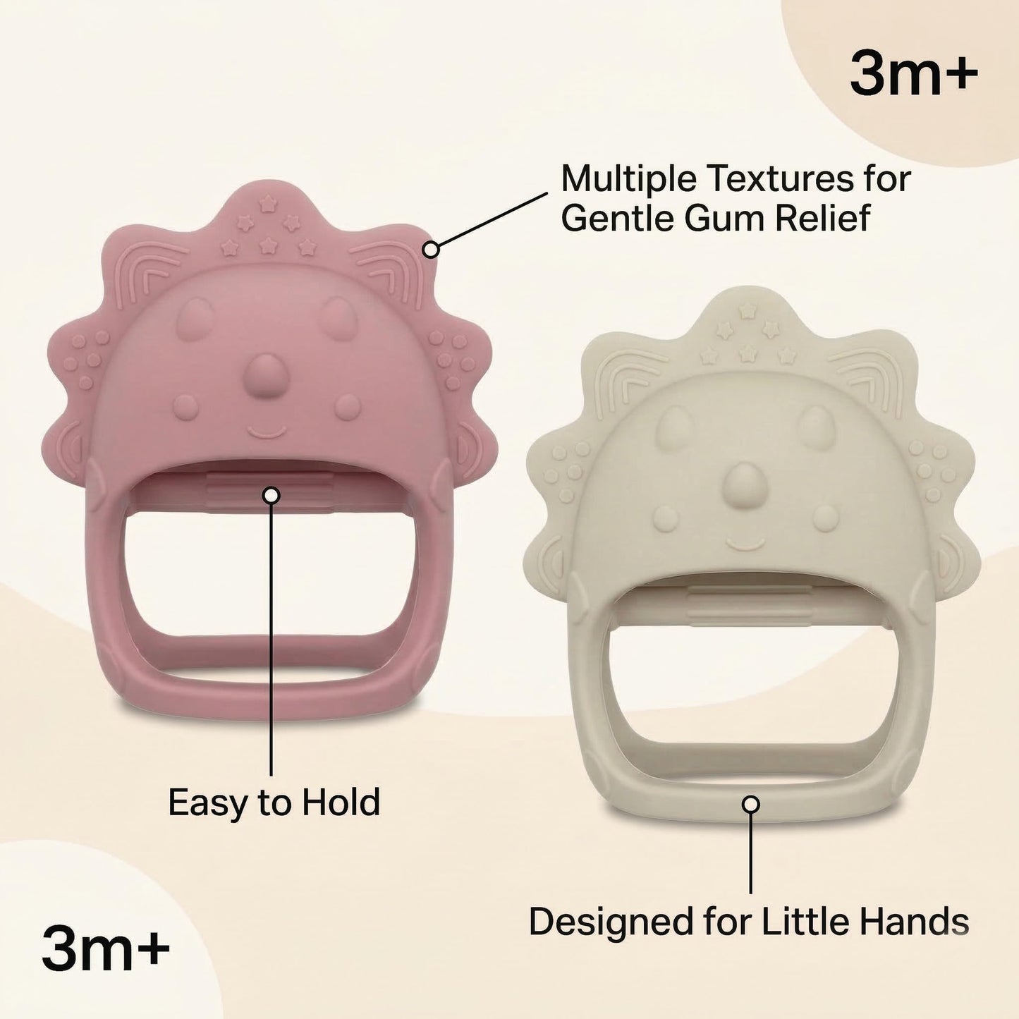 TINBLII Baby Teething Toys 2 Pack, Dinosaur Mitten Teether and Ring Sun Teether with 6 Chewing Points, Silicone Chew Toys for Infants 0-6 6-12 Months, BPA Free Soothing Gum Relief Set (Two Colors)