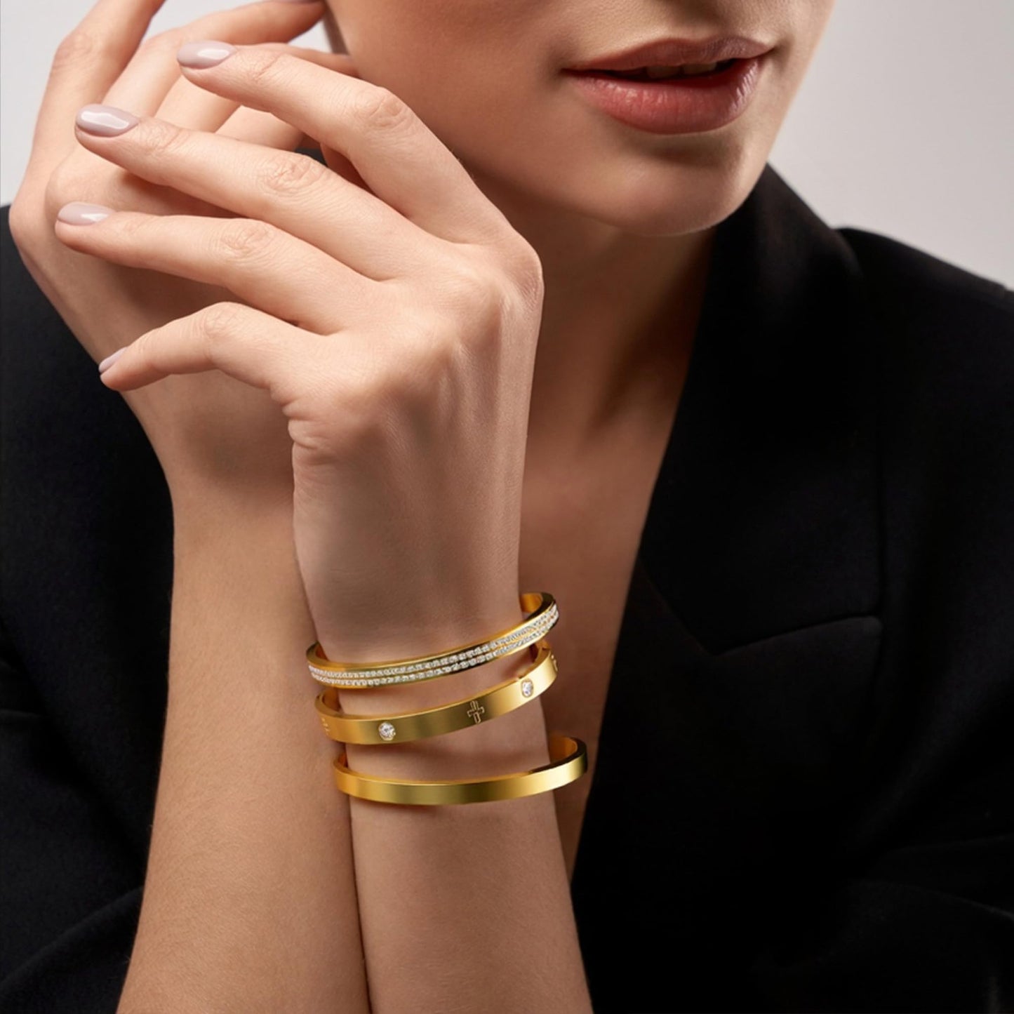 LCTrusttmor Gahna 18K Gold Plated Love Bangle Bracelets for Women, Stackable Cubic Zirconia Friendship Cuff Bangle Bracelet Set Trendy Jewelry Gifts for Women