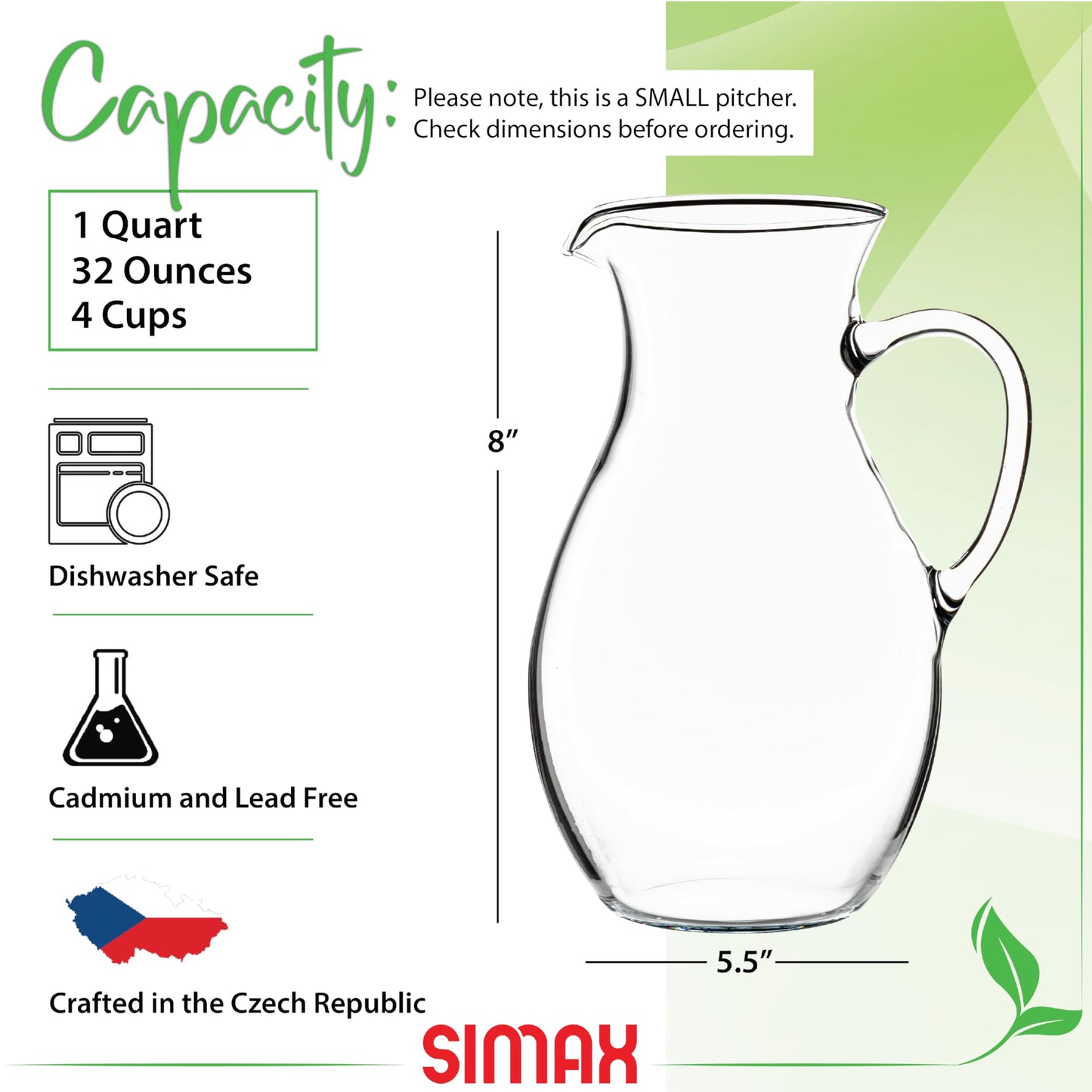 Simax Glass Pitcher With Spout, SMALL 1 Quart Borosilicate Glass Pitchers With Handle,Glass, Cocktail Pitcher, Margarita, Sangria, Beverage Pitchers