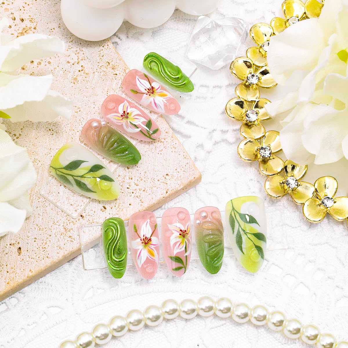 30Pcs Green Press on Nails Medium Almond Fake Nails with 3D Pearl Rhinestones Designs Spring Summer Acrylic Glue on Nails Lily Flower False Nails Gradient Green Full Cover Leaf Stick on Nail for Women