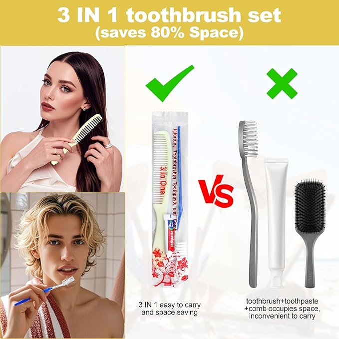 Disposable Toothbrushes with Toothpaste and Comb for Homeless Individually Wrapped-Suitable for Hotel,Air Bnb,Shelter/Homeless/Nursing Home/Charity (300)