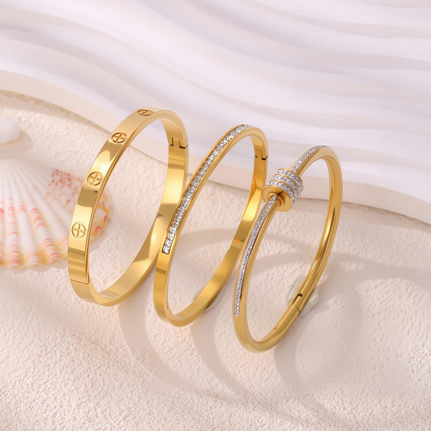 Camhanno Gold Bracelets for Women - Crystal Stackable Bangles with Friendship & Love Theme - Stainless Steel Jewelry, Ideal Birthday Gift (Style 5)