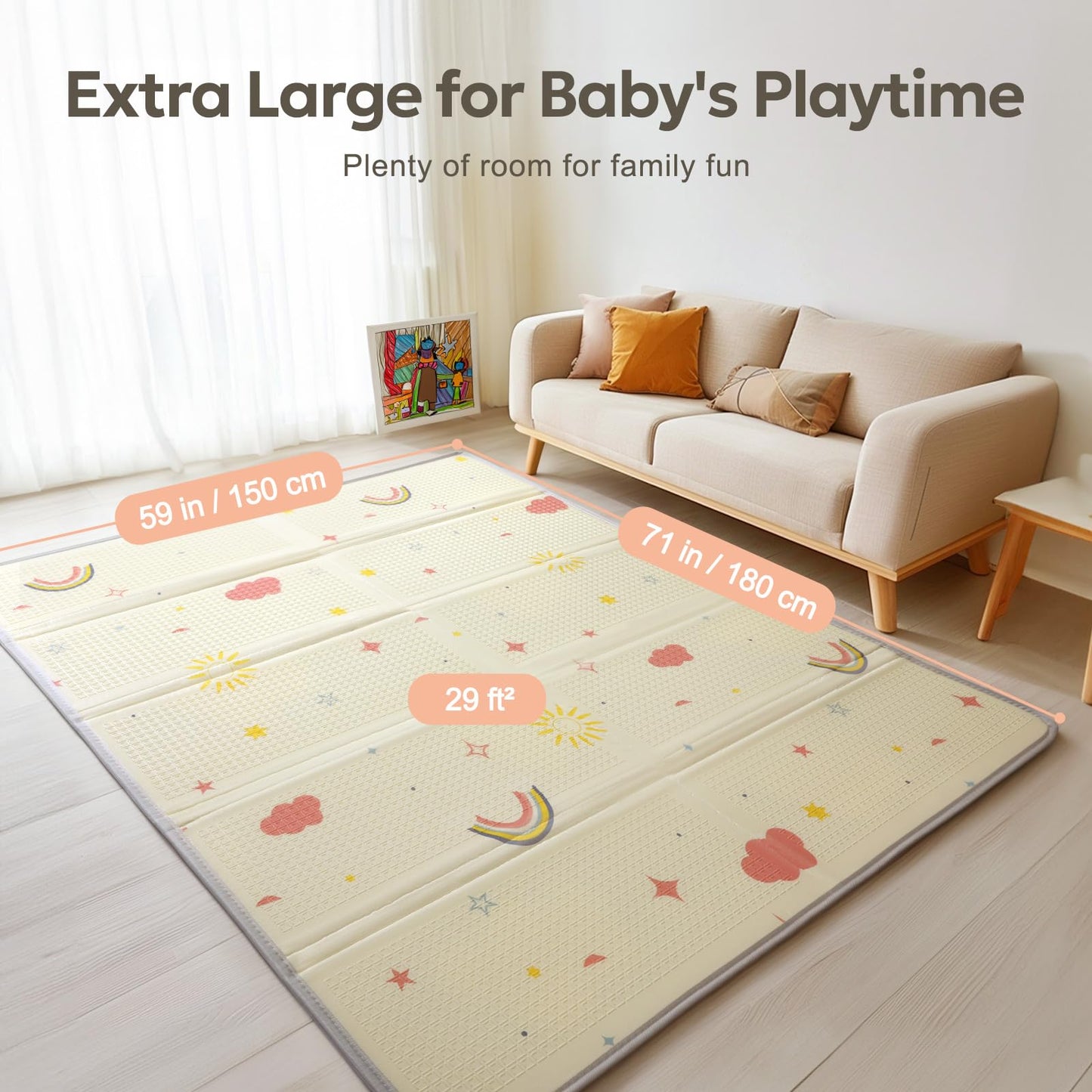 Mallify Extra Large Foldable Play Mat, Reversible Baby Play Mat with Edge Reinforcement, Non-Toxic & Waterproof Baby for Floor, Foam Playmat with Travel Bag, Rainbow, Cloud & Moon, 71"x59"