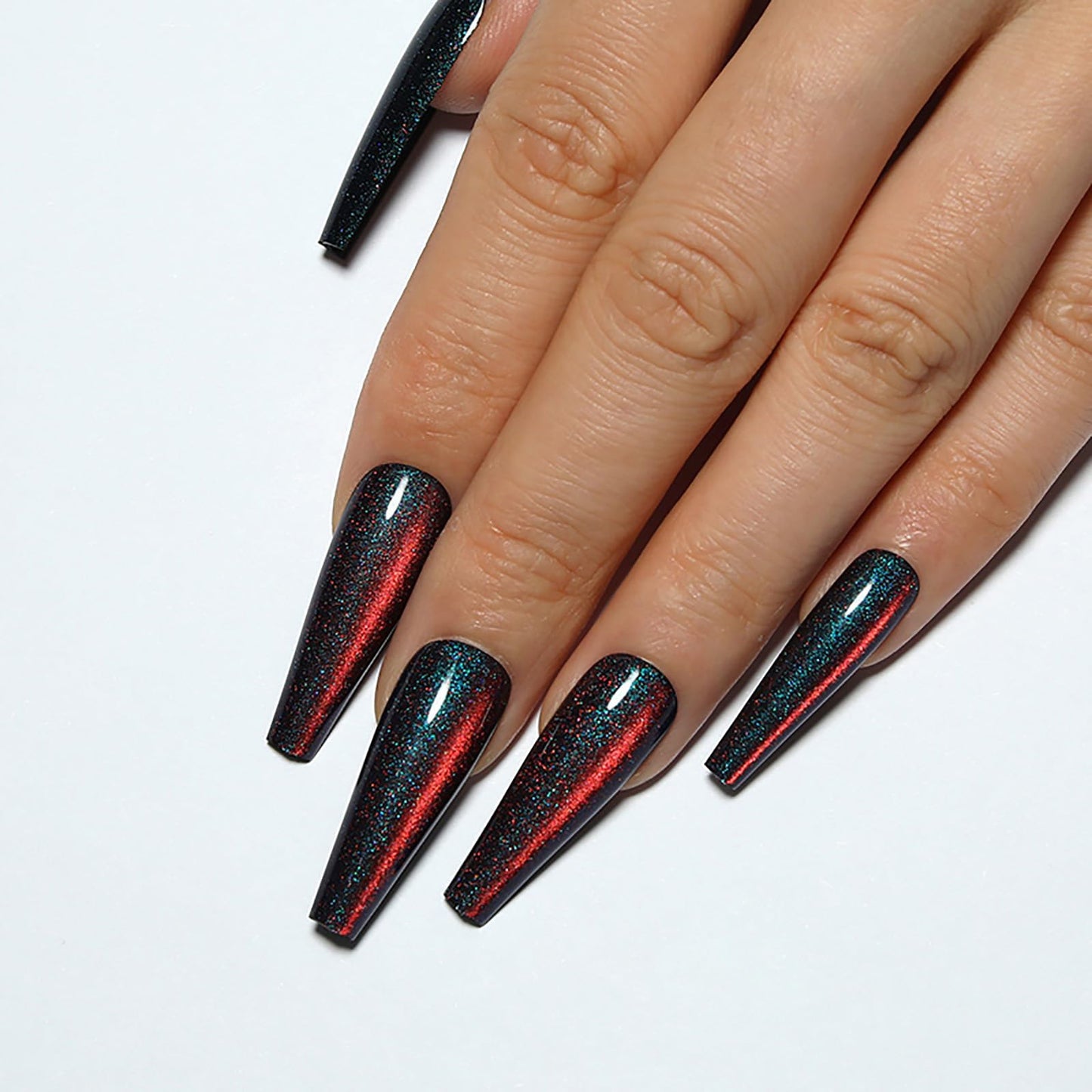 Handmade Press on Nails - Blue & Red Gradient Fake Nails| Glossy,Glitter,Reusable Long Nails,Velvet Effect Design Acrylic Nails | 12 Sizes - 24 Nail Kit with Jelly Glue