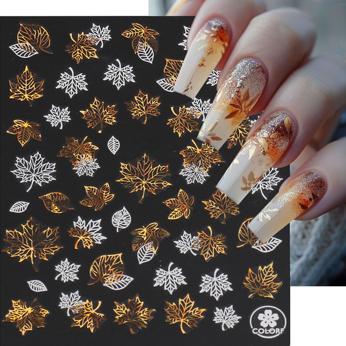 9 Sheets Fall Nail Art Stickers Maple Leaf Nail Decals Flower Tree Nail Design Decals 3D Self-Adhesive Glitter Gold Nail Stickers Thanksgiving Holiday Nail Art Decoration for Women Manicure Tips
