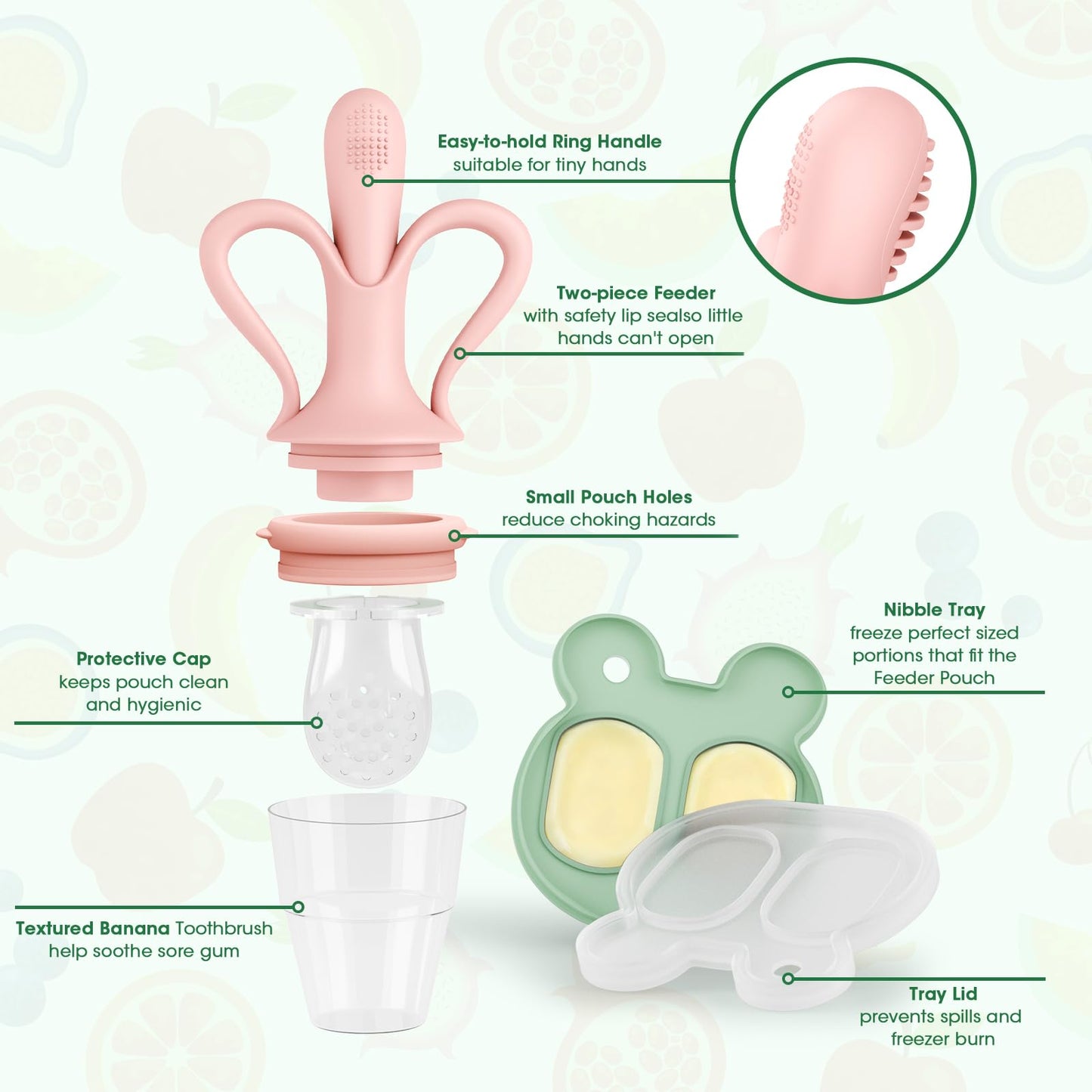 JEXFUN Baby Fruit Feeder & Breastmilk Popsicle Mold Set, Silicone Food Feeder Pacifier for Cooling Relief with 3 Replaceable Pouches, BPA-Free Teething Toy for Safe Infant Self Feeding (Pinkish)