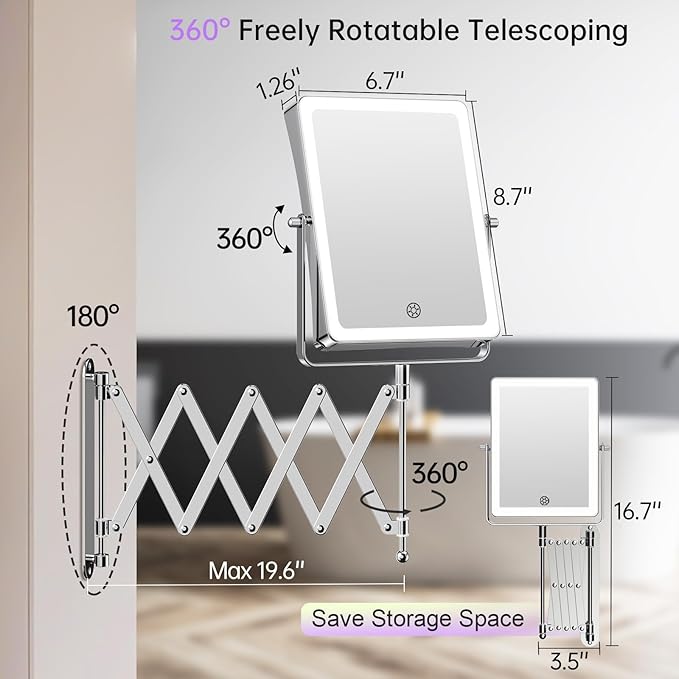 FASCINATE 5000mAh Rechargeable Wall Mounted Makeup Mirror with Lights, 8.7 Inch Double Sided Touch Switch 1X 30X Magnifying Bathroom Mirror, 3 Color Lights Dimmable Extended Arm 360°Rotation (Chrome)