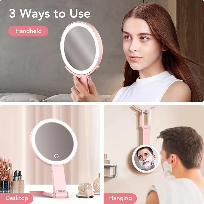 LitBear Travel Makeup Mirror with Lights, Rechargeable Double-Sided 10X/1X Magnifying Mirror, Portable Lighted Beauty Mirror, 3 Color Lighting, Dimmable Touch Screen, Tabletop Handhold Hanging (Pink)