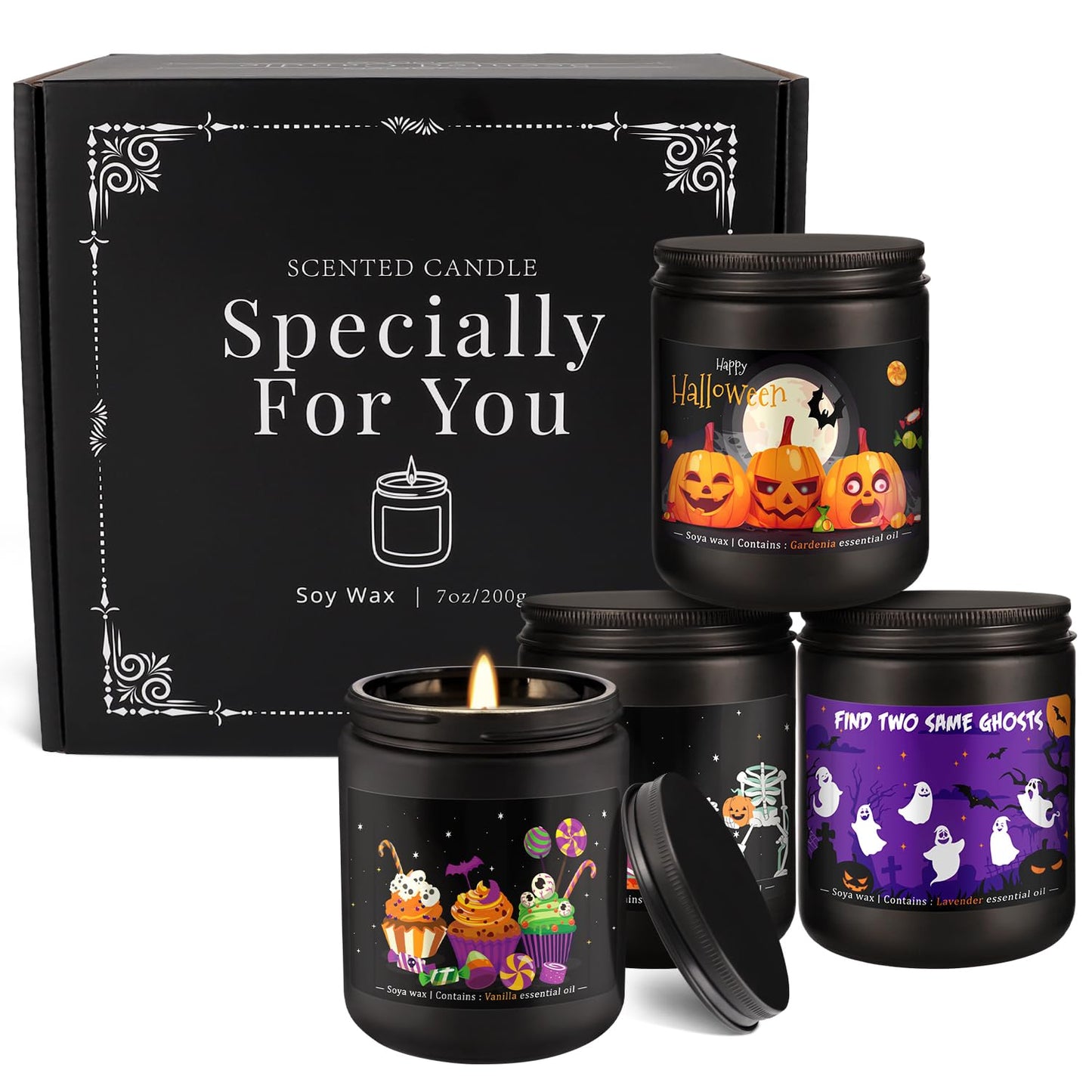 Grcdoyvl Halloween Scented Candles Set of 4 (7oz Each) – Spooky Aromatherapy Soy Wax Candles with Bat & Ghost Designs, Smokeless for All Saints' Day, Home Decor & Festive Gifts