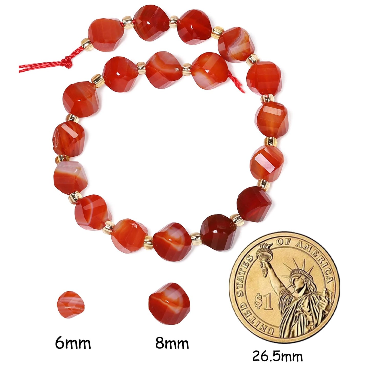 Yochus 42pcs Natural Red Striped Agate Stone Beads for Bracelet，2strands 6mm Facted Twist Loose Gemstone Beads for Jewelry Making DIY Craft Necklace Earring
