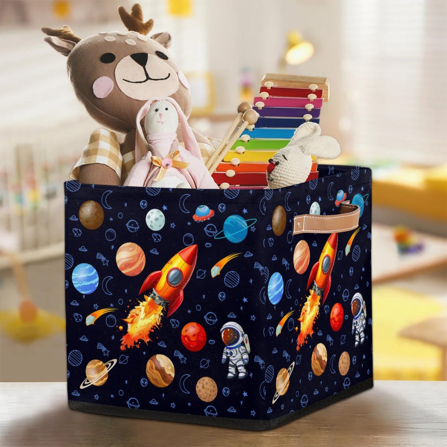 BENGRONGAE Cube Storage Bin, 13 Inch Rocket Astronaut Collapsible Storage Cubes with Handles, Space Planet Cube Storage Baskets for Nursery Toys Books Clothes