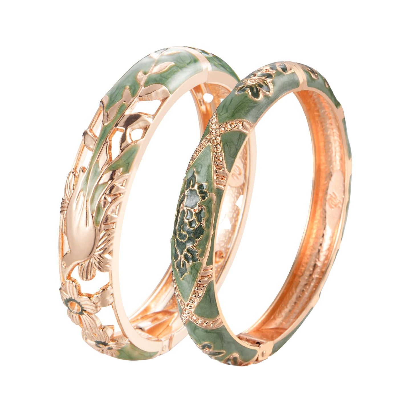 wynameleri Vintage Cloisonne Jewelry Gorgeous Rhinestone Handcrafted Bracelets Enamel Flower Bird Hinged Cuff Bangles Gifts 88A31-55A128 Green