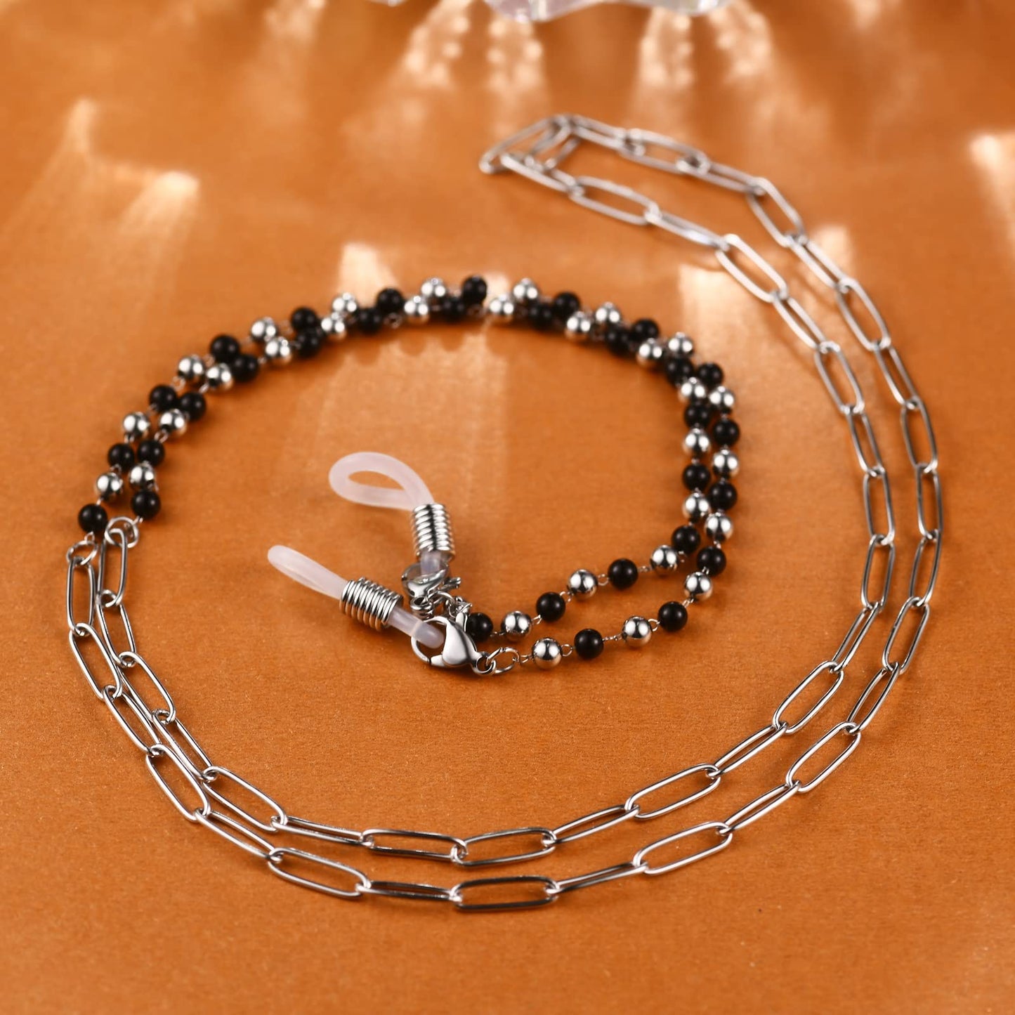 AllenCOCO Silver Fashion trend high head-turning stainless steel black bead paper clip Eyewear Chain