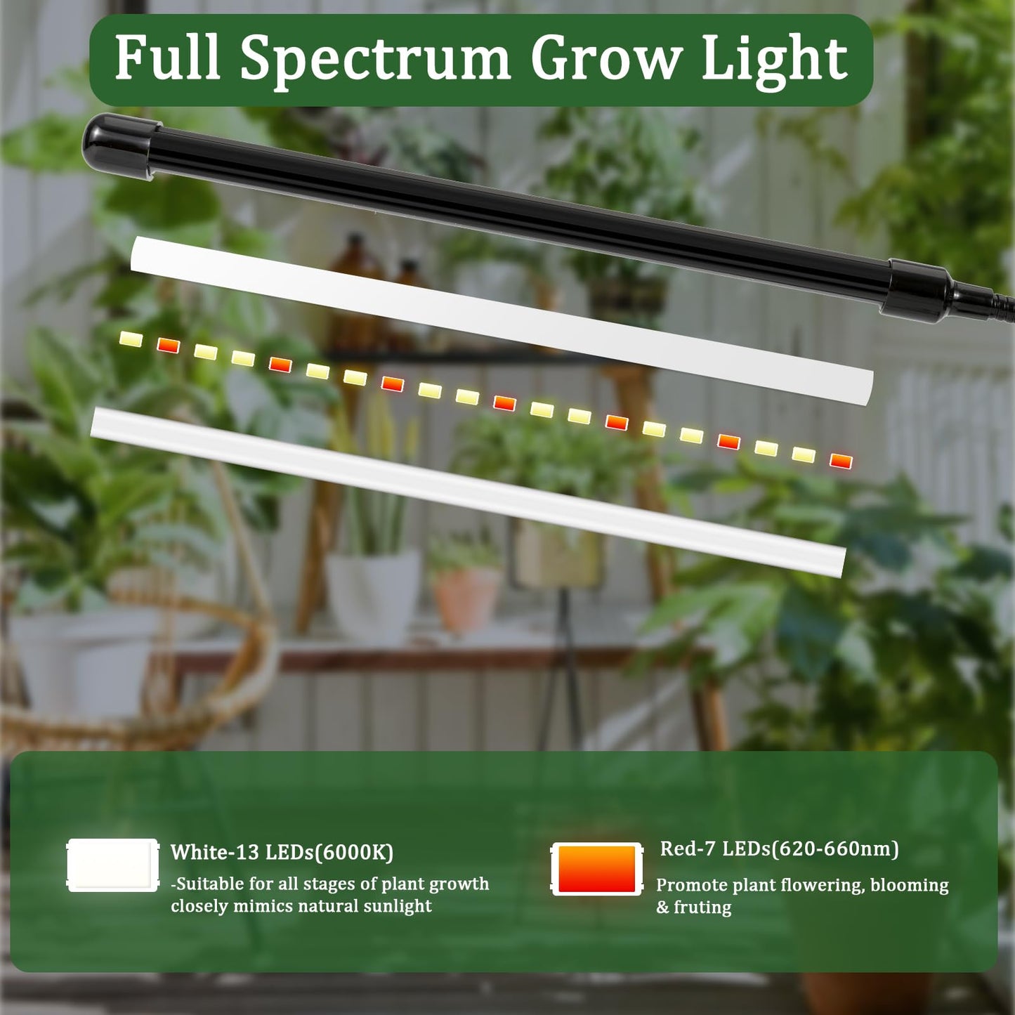 LED Grow Lights for Indoor Plants, 6000K Clip Plant Light with White Red LEDs, Grow Light Strips for Seed Starting 9 Dimmable Levels Auto ON Off with 3/9/12H Timer