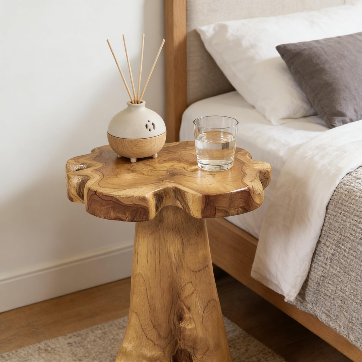 Greenage Solid Teak Wood Plant Stand 15.5" x 15.5" x 19.5" H | Rustic Live Edge End Table for Living Room Bedroom | Tree Stump Style Side Table for Coffee or Courtyard Decor