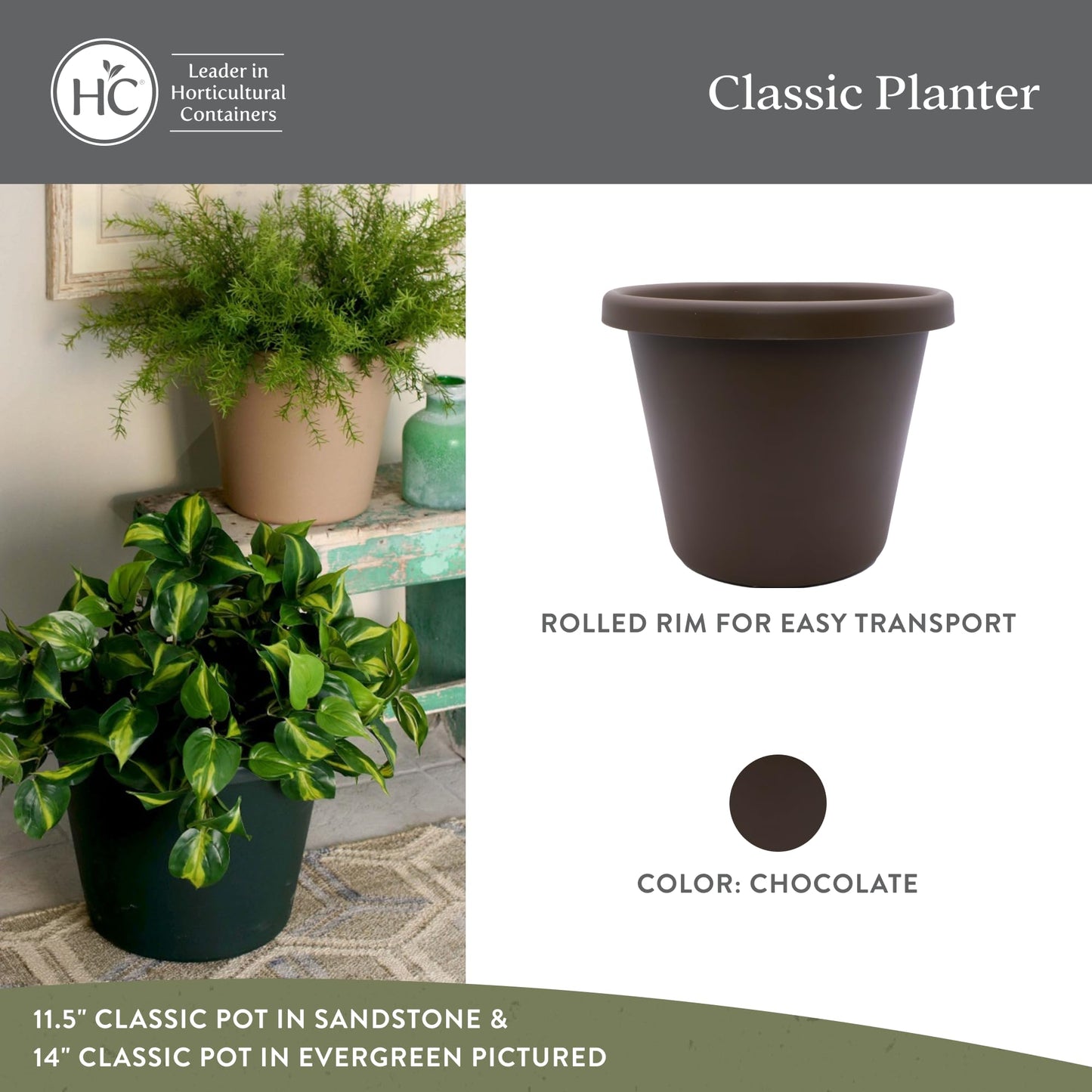 The HC Companies 11.5 Inch Classic Round Planter Pots with Drainage, Rolled Rim Plastic Planters for Indoor & Outdoor Plants, 2-Pack Decorative Flower Pots for Garden, Office & Home Decor, Chocolate