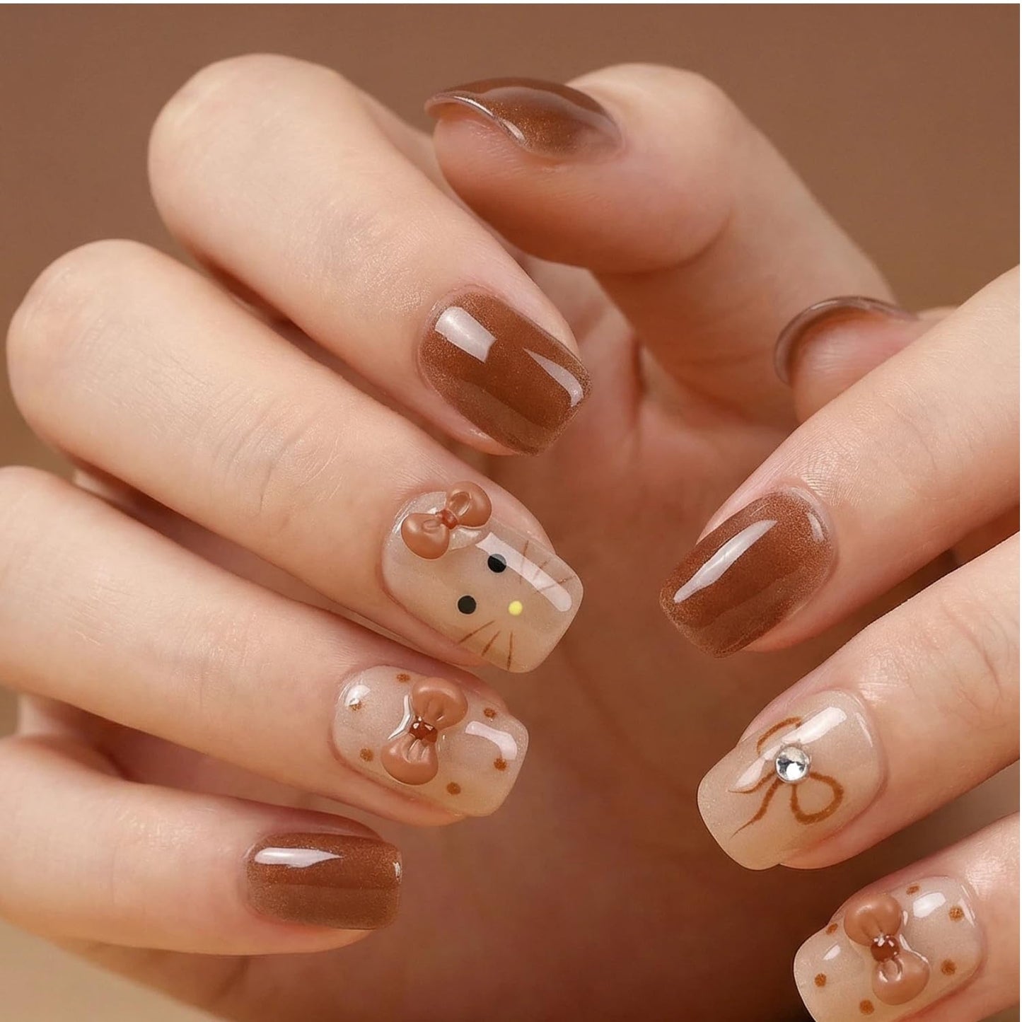 3D Cute Bow Brown Press On Nails, Short Square Nude Cartoon Style Fake Nails, Glossy Chocolate Brown On Nails for Women, Easy to Apply Reusable, 30 PCS Set (The sizing runs small)