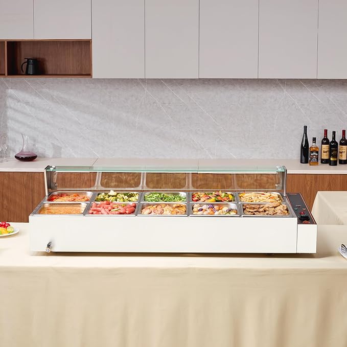 VEVOR 10-Pan Commercial Food Warmer, 10 x 8QT Electric Steam Table with Glass Cover, 1700W Countertop Stainless Steel Buffet Bain Marie 86-185°F Temp Control for Catering, Restaurants, Silver