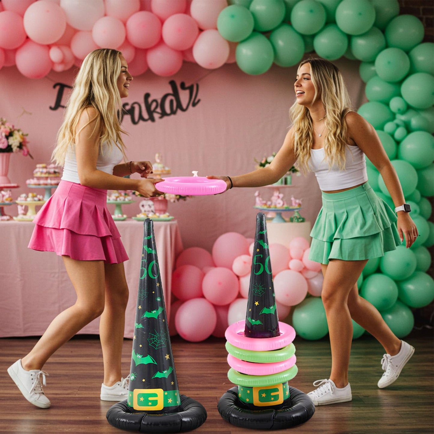 Leitee 10 Pcs Inflatable Witch Hat Ring Toss Game Set Carnival Pink and Green Inflatable Ring Toss for Witch Themed Birthday Party Decoration Indoors Outdoors(Macabre)