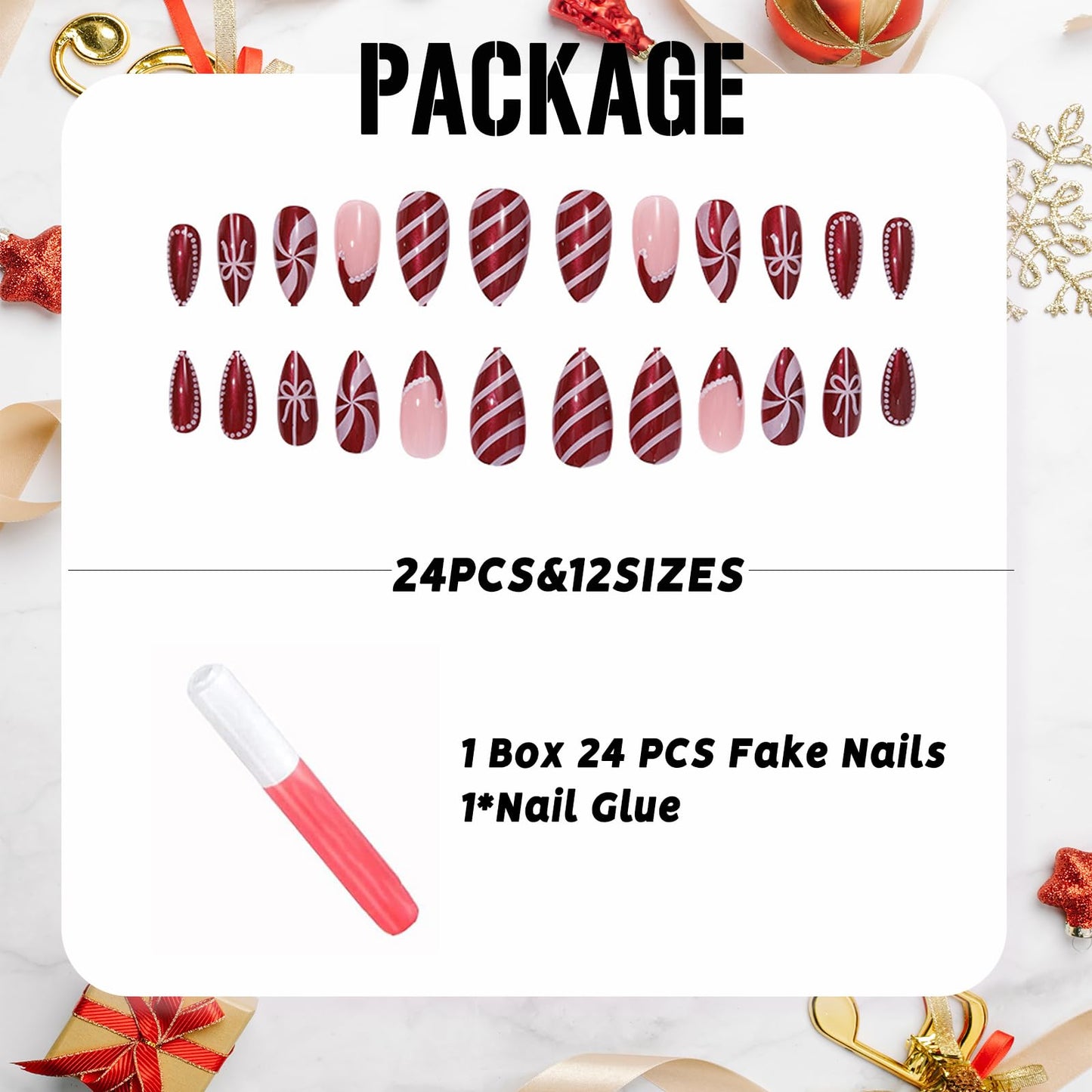 IMSOHOT Red Press on Nails Medium Almond Fake Nails Glossy Glue on Nails Full Cover Acrylic False Nails for Women Girls 24Pcs