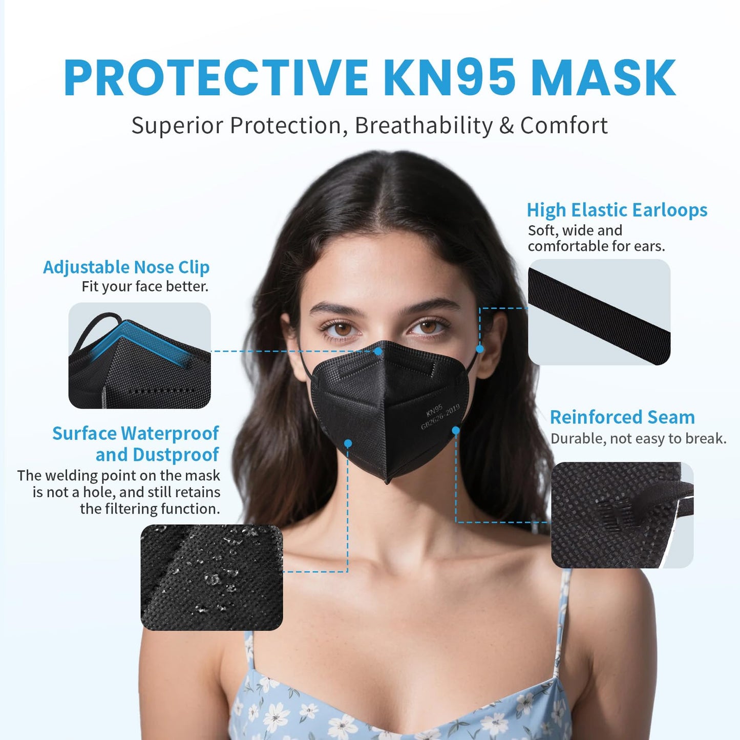 akgk KN95 Face Mask 50 PCS, Breathable Protection Masks, 5-Ply KN95 Black Masks, Cup Dust Safety Masks