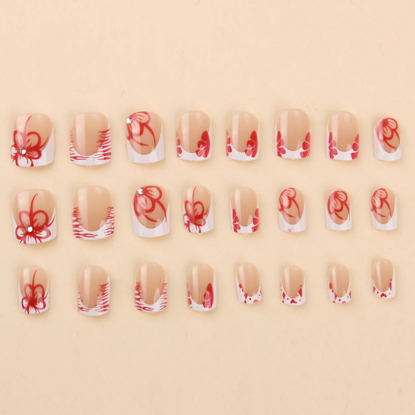 BABALAL Press on Nails Short Square Fake Nails White French Tip Glue on Nails Red Flower Acrylic Nails Glossy False Nails Art Design 24pcs Squoval Manicure Full Cover Artificial Nails for Women Girls