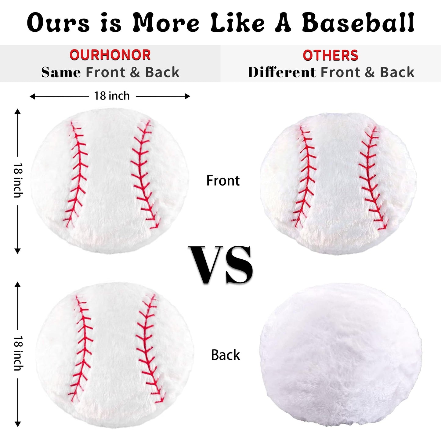 OurHonor Baseball Plush, 18 inch Baseball Pillow Soft Fluffy Football Stuffed Plushies Toy Comfortable Cushion Room Decorations Party Gift for Boy & Girls