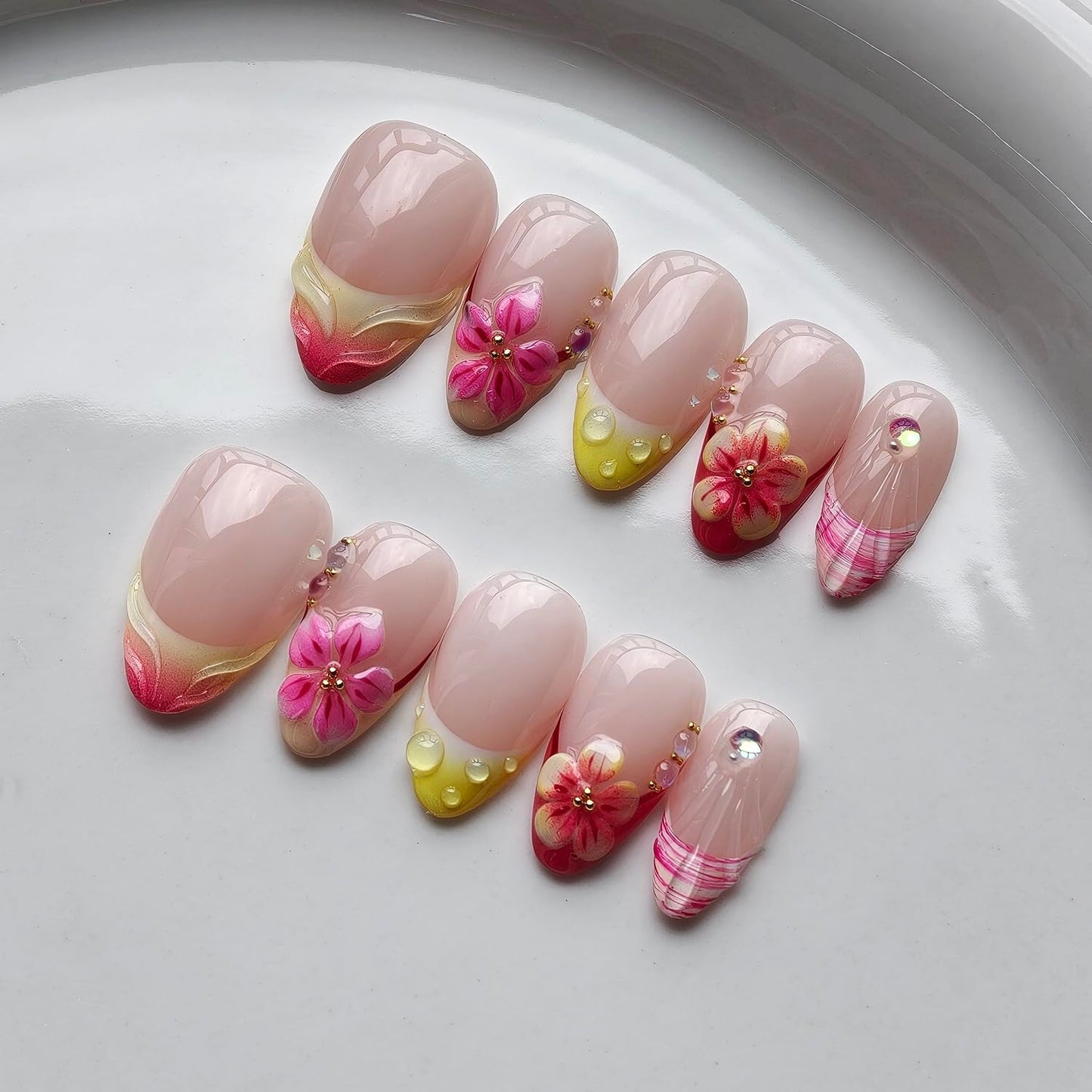 French Tip Press on Nails Handmade Short Almond 3D Thick Acrylic Nails False Nails with Gold Ball Flower Gradient Designs Nude Pink Glossy Fake Nail Sturdy Art Press on Nail 10Pcs(S)