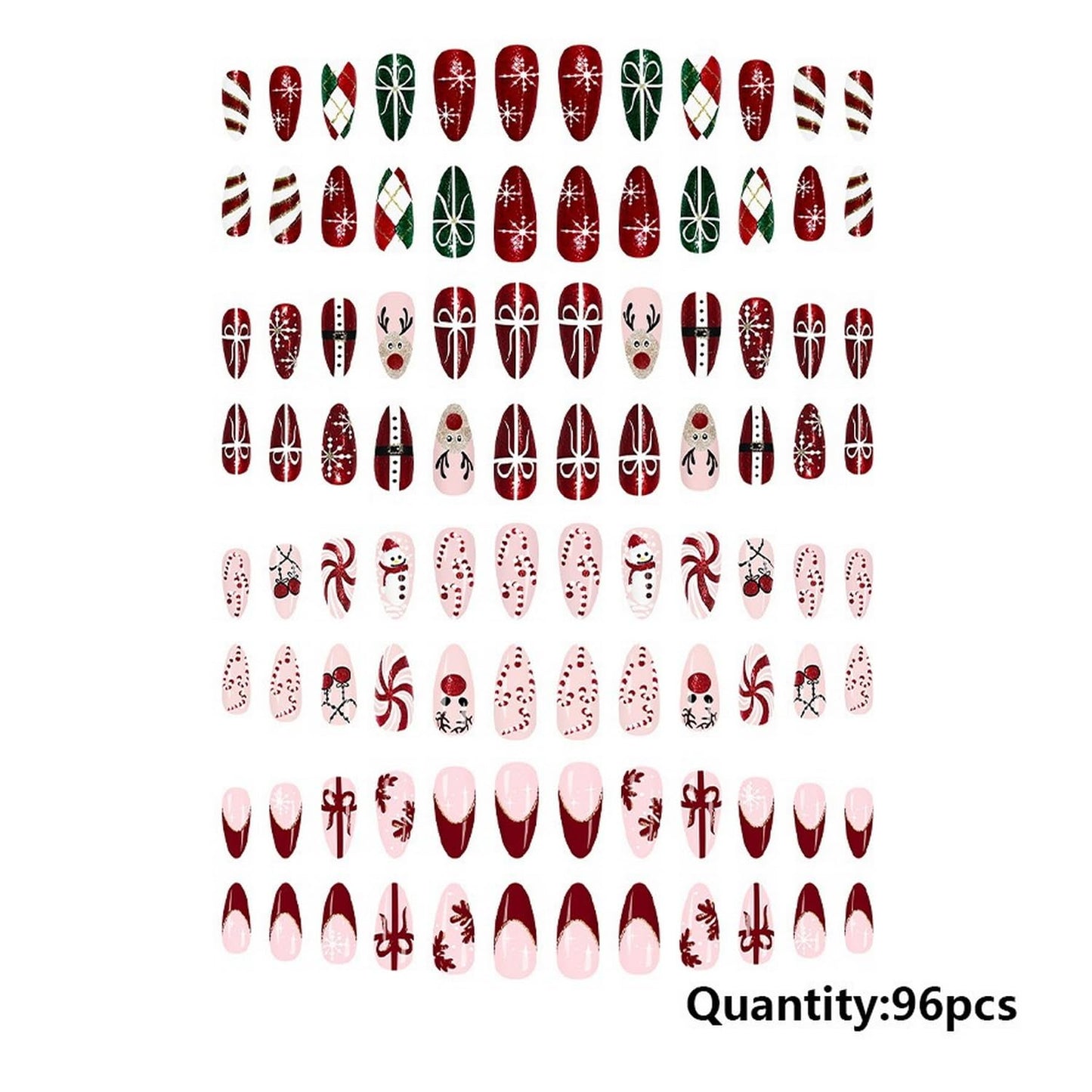 Christmas Press on Nails Kit 96 Pcs Medium Almond Fake Nails 4 Style Red French Tip False Nails with Snowflake Bow Snowman Cane Candy Designs Glossy Glue on Nail Winter Acrylic Nails for Women Girls