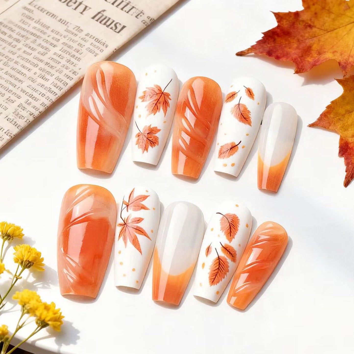 Fall Press on Nails Medium Square Fake Nails with Maple Leaves Dot Lines Designs Glossy Nails Press ons Orange French Tip Glue on Nails Autumn Acrylic Artificial Stick on Nails for Women 30Pcs