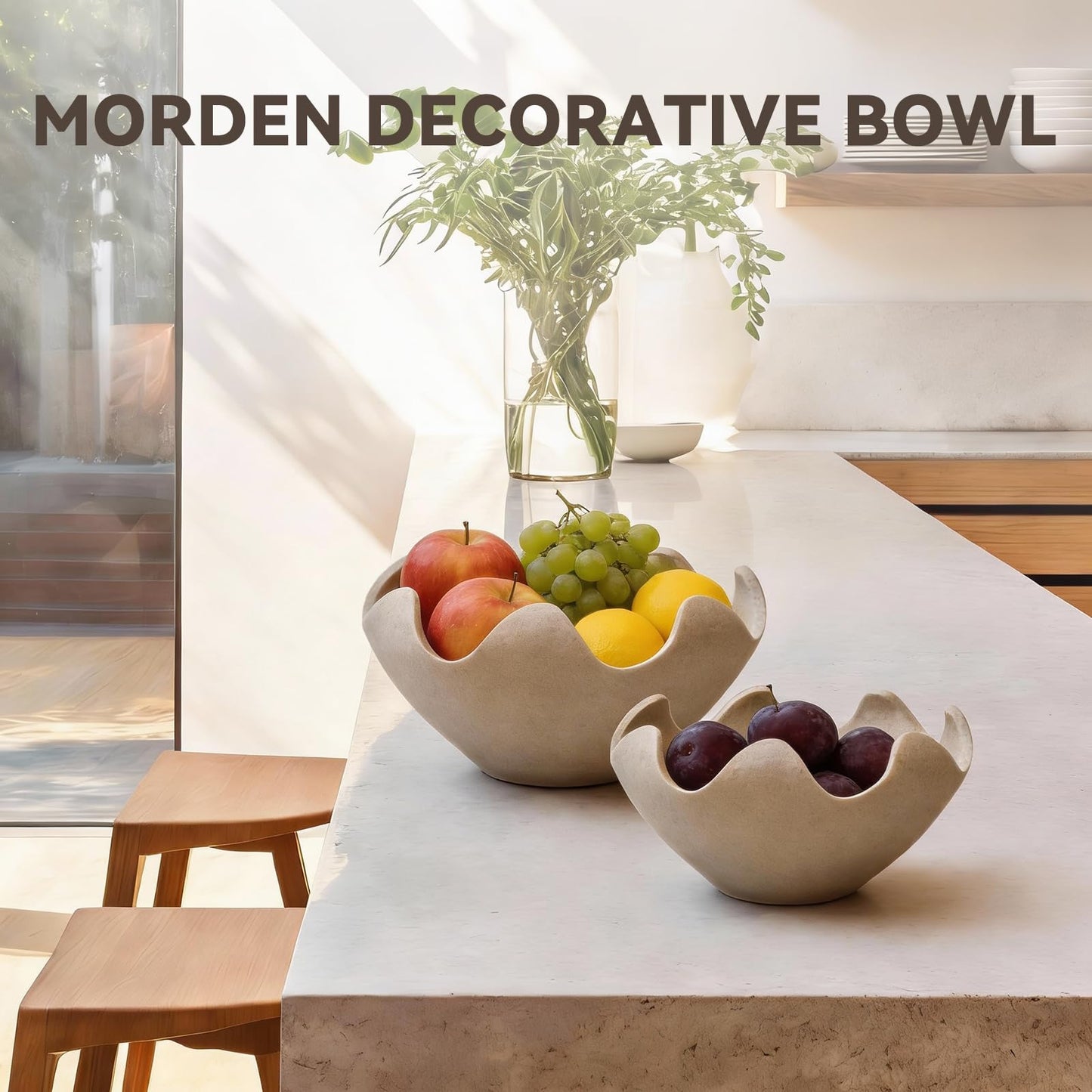 KEWOOL Wavy Decorative Bowl Home Decor - Set of 2 Modern Handmade Decorative Fruit Bowl for Kitchen Counter, Creative Centerpiece Decor for Entryway Table Coffee Table, Artificial Stone Beige