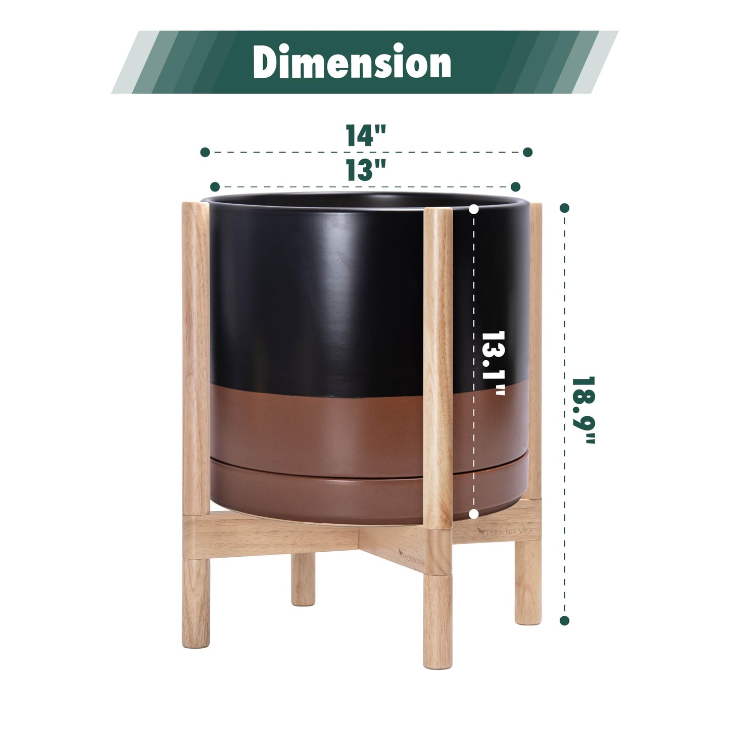 D'vine Dev Ceramic Planter with Natural Stand - 14 Inch Modern Round Flower Pot with Wood Planter Holder, Black/Speckled Tan, 55-B-R-7