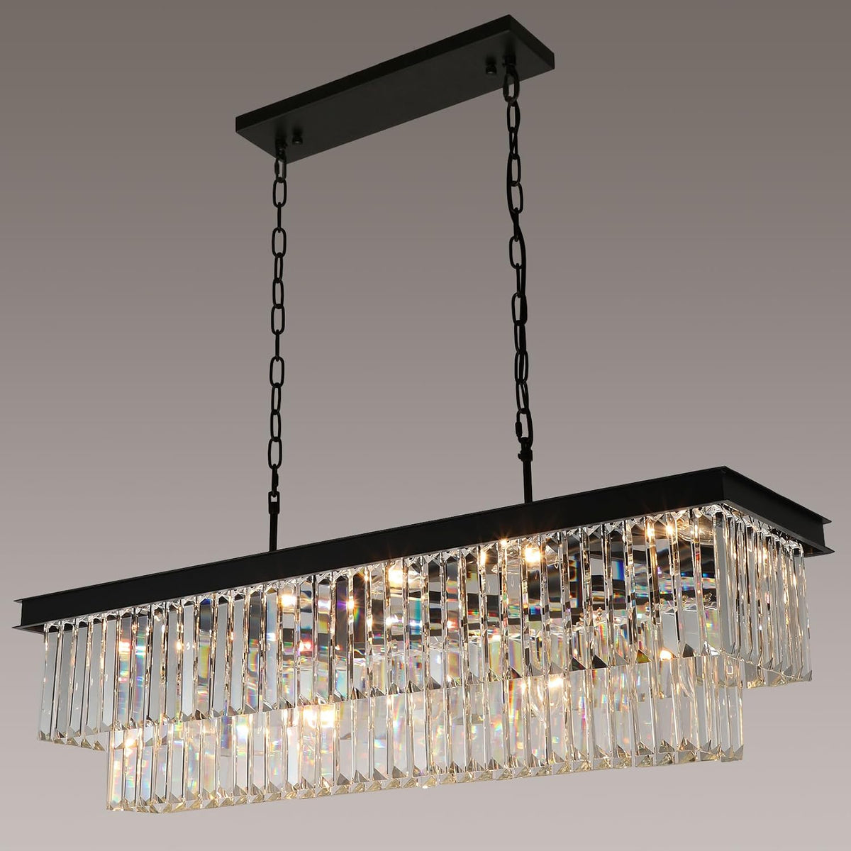 Crystal Chandeliers for Dining Room Light Fixtures Over Table，15-Lights Black Modern Rectangle Chandeliers for Kitchen Island Bar L40 Inch