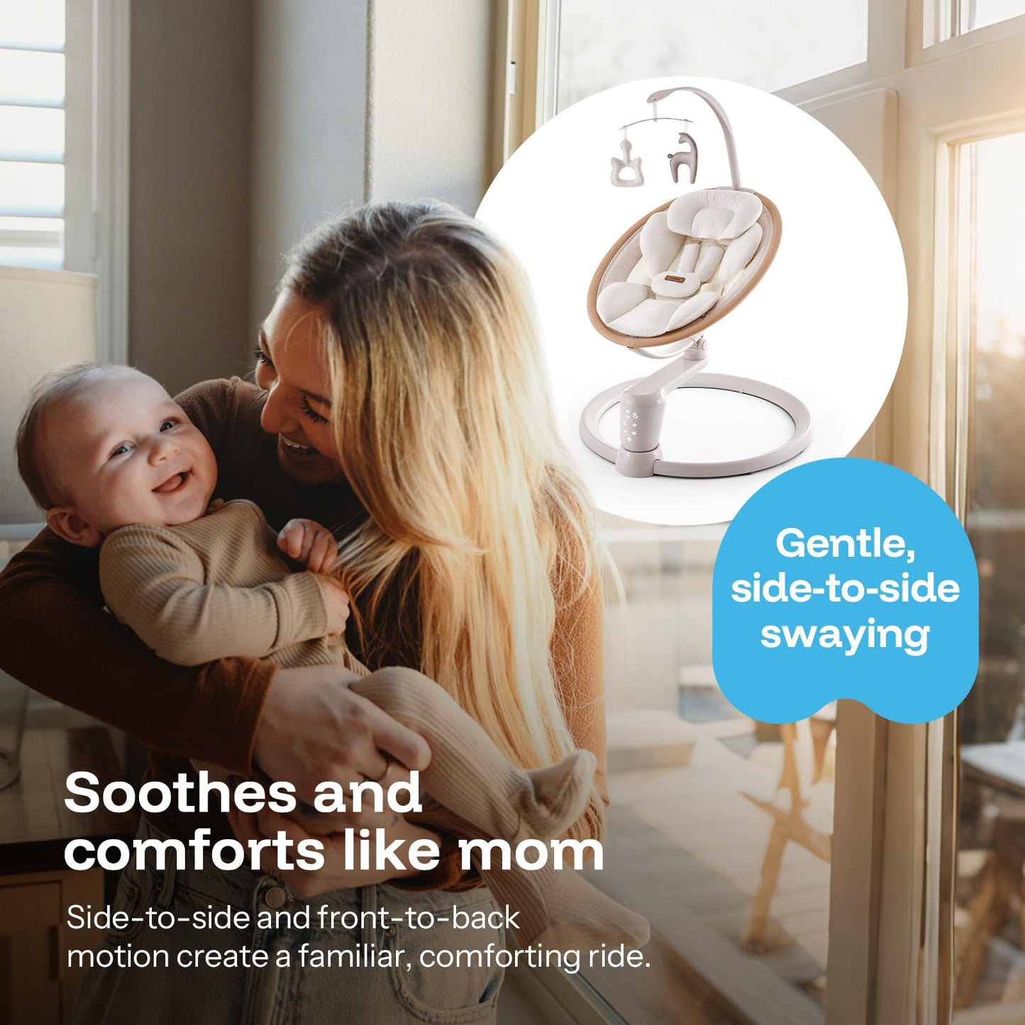 HARPPA Weddell Signature Baby Electric Swing for Newborns and Infants, Elevated Eye-Level Seat, 180° Rotation with Dual Motion, 5-Point Harness, 5 Speeds & Remote Control, Beige