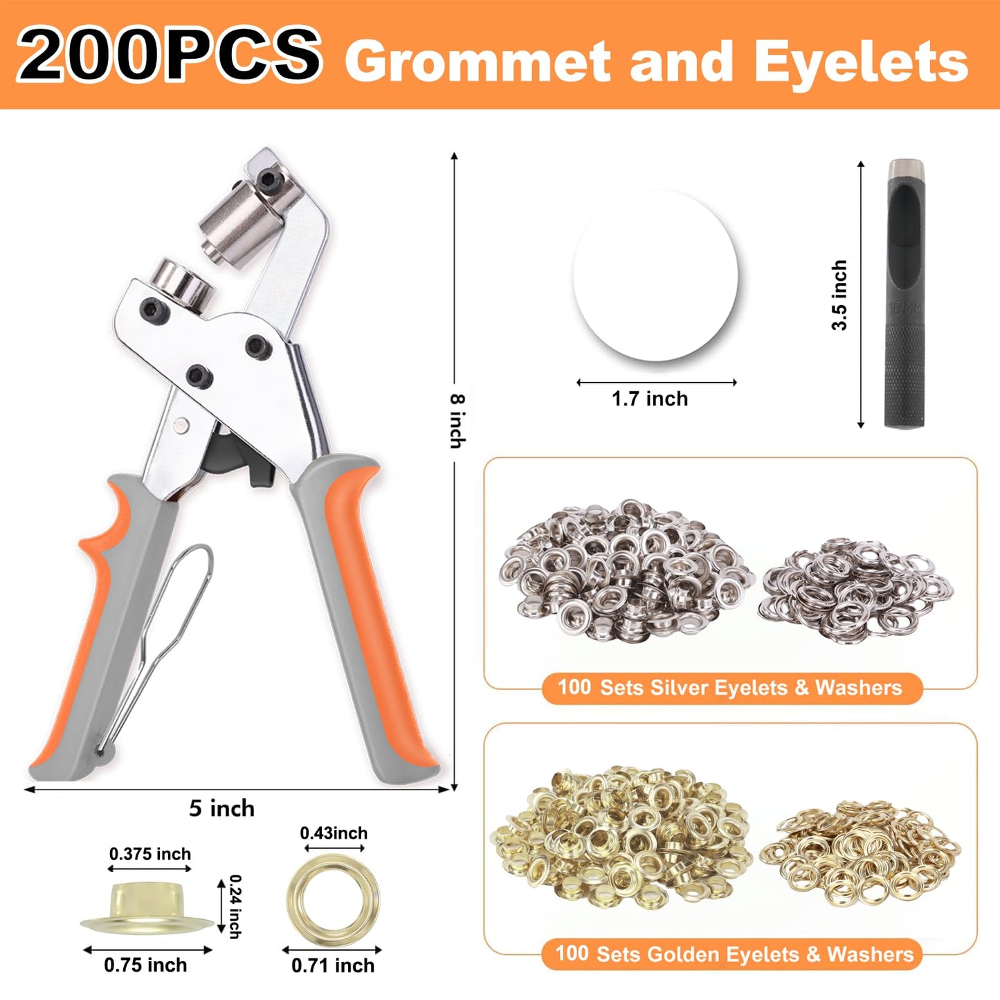 ZAPSIFOU Grommet Tool Kit with 200 Sets 3/8 Inch 10mm Grommets, Heavy Duty Grommet Kit, Grommets Pucher with Hole Punch and Eyelets, Eyelet Pliers Kit for Tarp, Fabric, Banner, Canvas, Leather