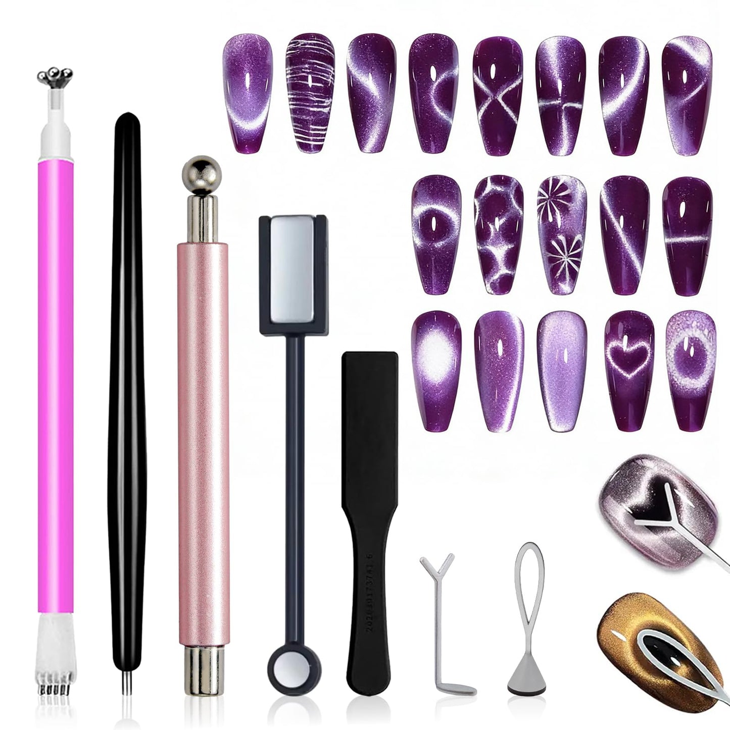 YECIRALA 6 Pcs Nail Art Cat Eye Magnet For Nails With 2 Iron Molds, Nail Polish Magnet Tools Set Cylindrical Flower Heart Hole Nail Magnet With Magnet Ball For Nails Art Magnet Stick Magnetic Pens