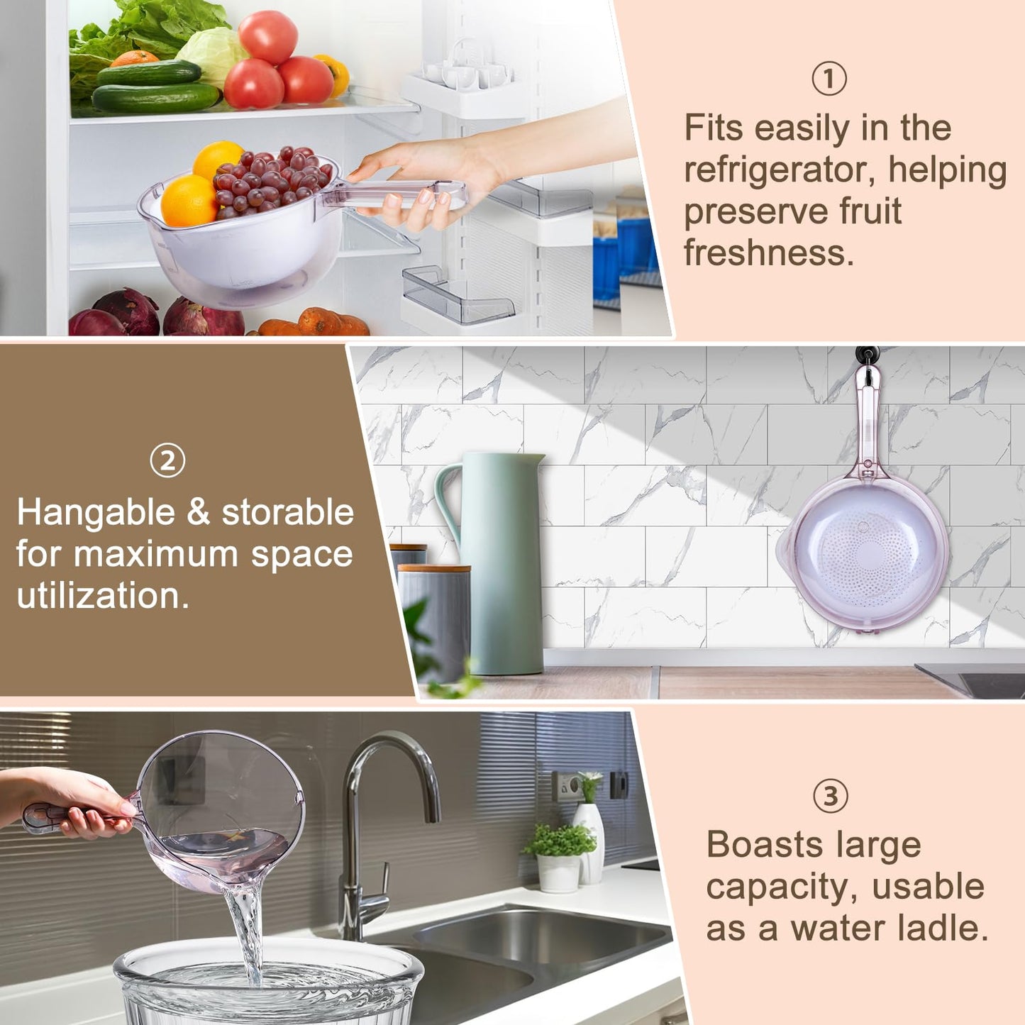 3-in-1 Kitchen Tool: Works as Rice Strainer, Fruit Washing Bowl with Strainer, Water Scoop. PET+PP Material, Rotatable Inner Basket for Easy Draining, Ideal for Rinsing Rice, Washing Fruits/Veggies.