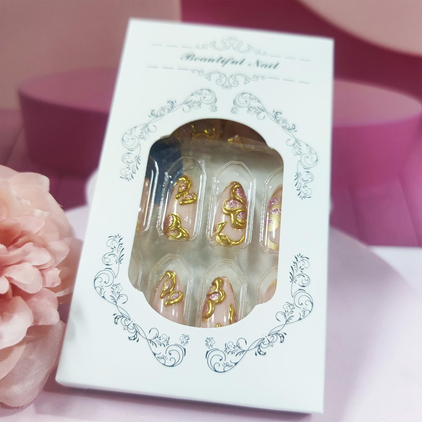 3D Gold Flower Press on Nails 24Pcs Peach Blossom Medium Almond Fake Nails Leaves Gel Glue on Fingernails Glossy Pink Glitter Stick on Nail Acrylic Full Cover False Nail for Holiday Manicure Art